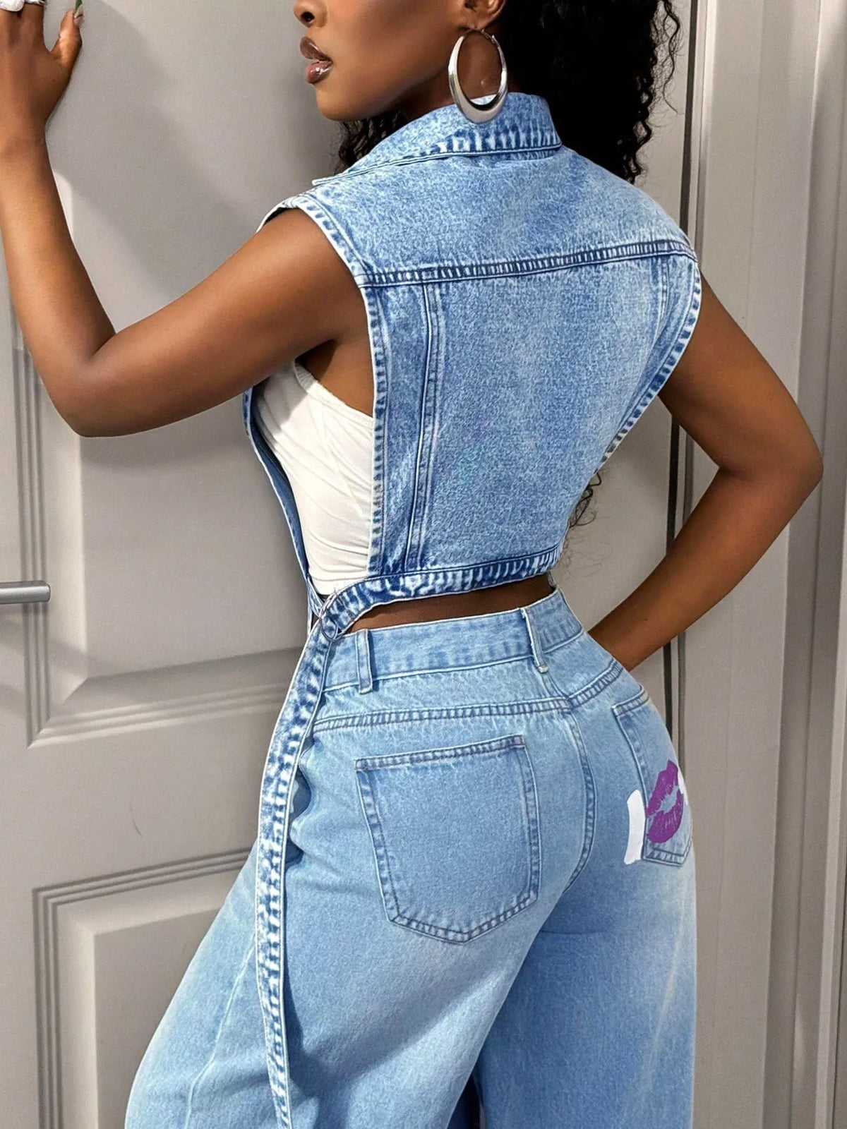 High-Low Open Front Denim Vest, view 6