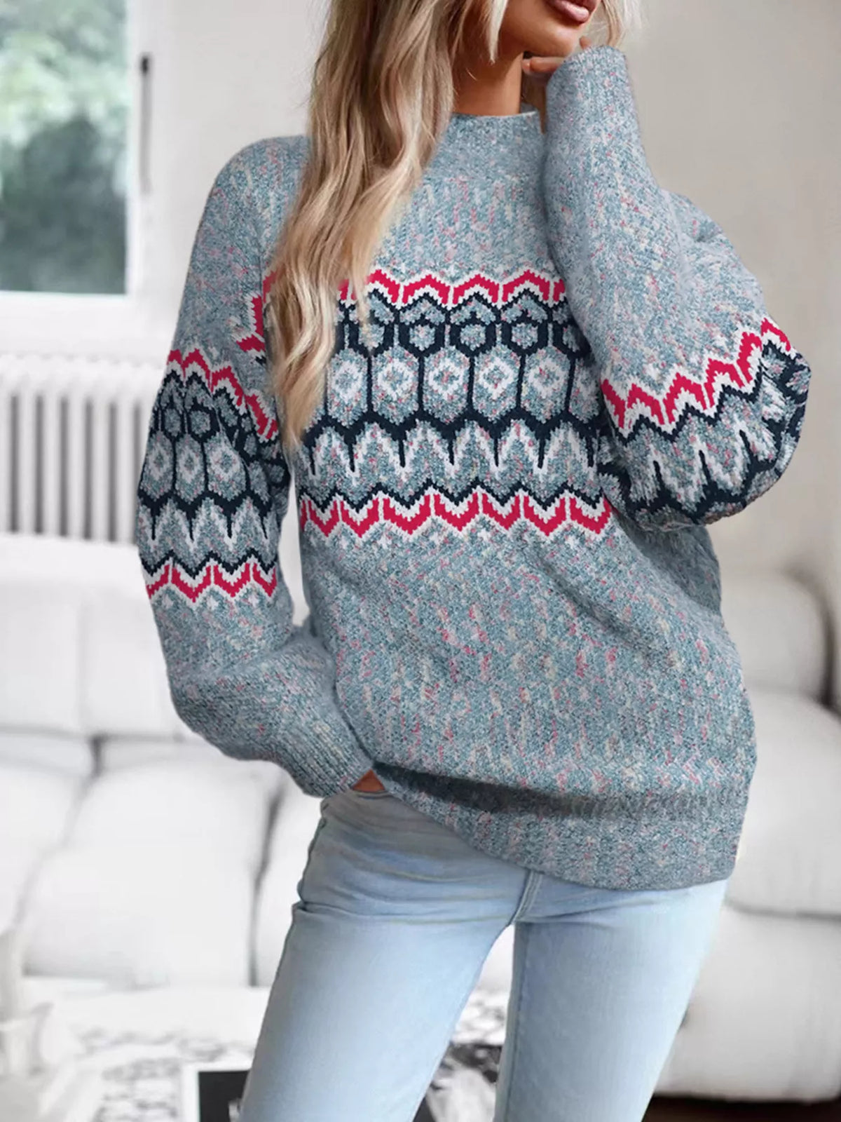 Geometric Pattern Long Sleeve Sweater - Lilixa.store