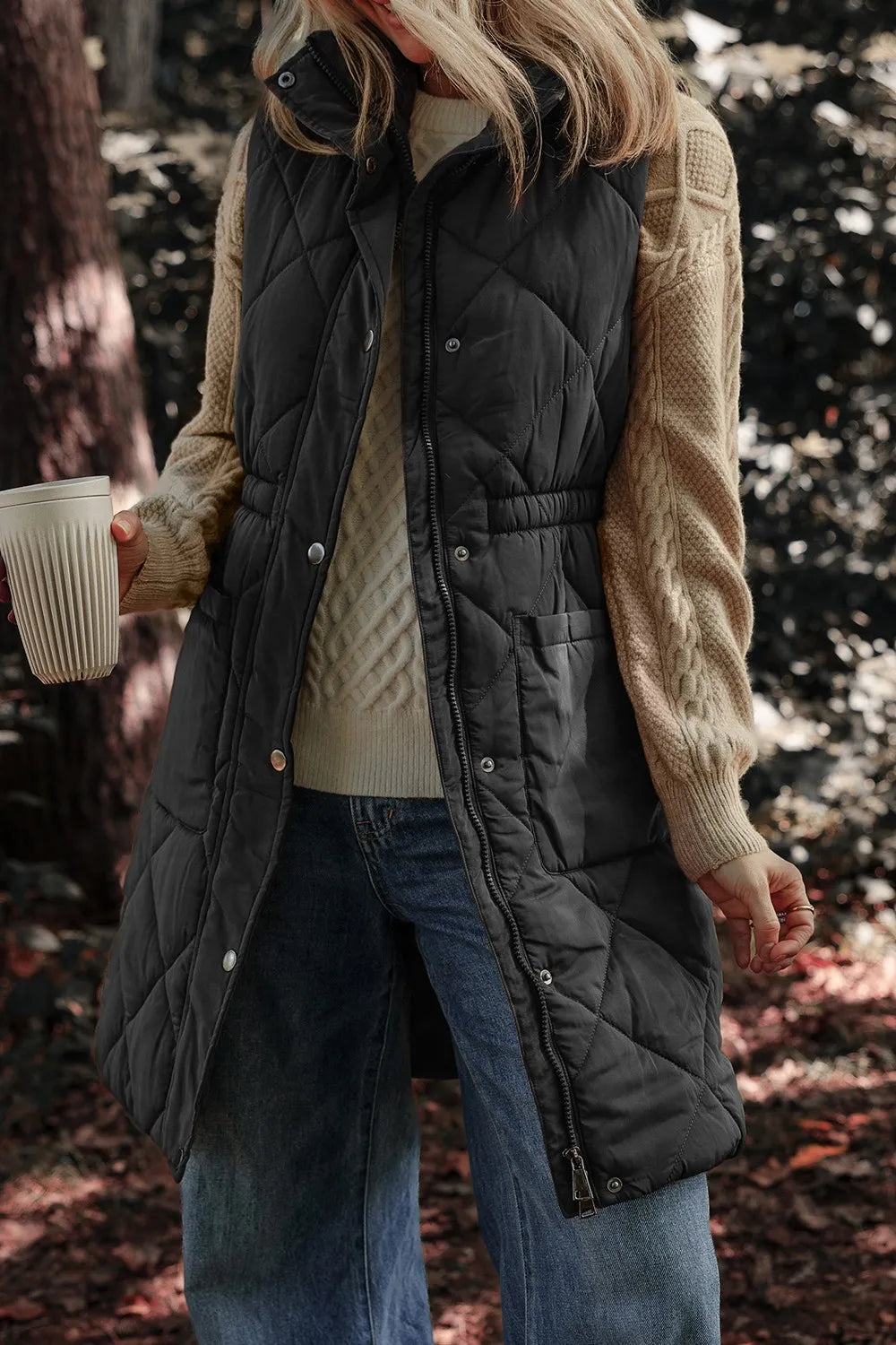 Pocketed Zipper and Button Vest Coat in Black