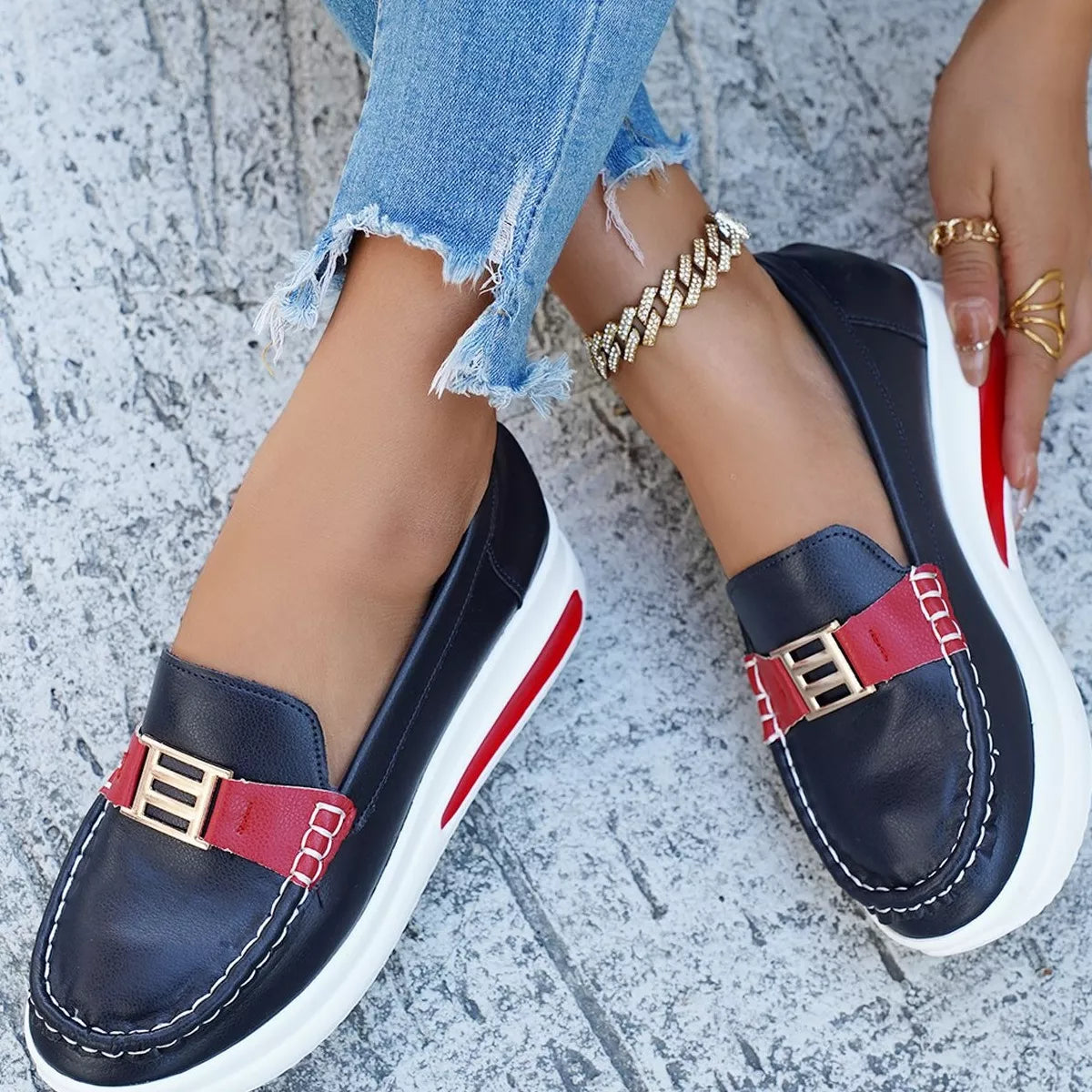 Metal Buckle Round Toe Slip-Ons, view 3