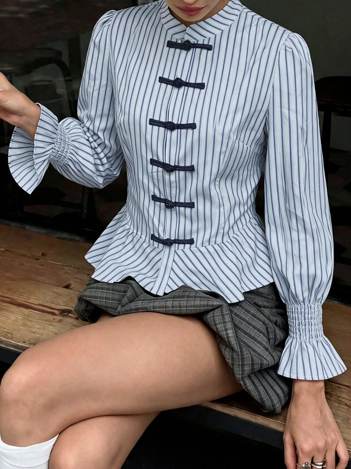 Striped Mandarin Knot Buttons Peplum Hem Shirt - Lilixa.store