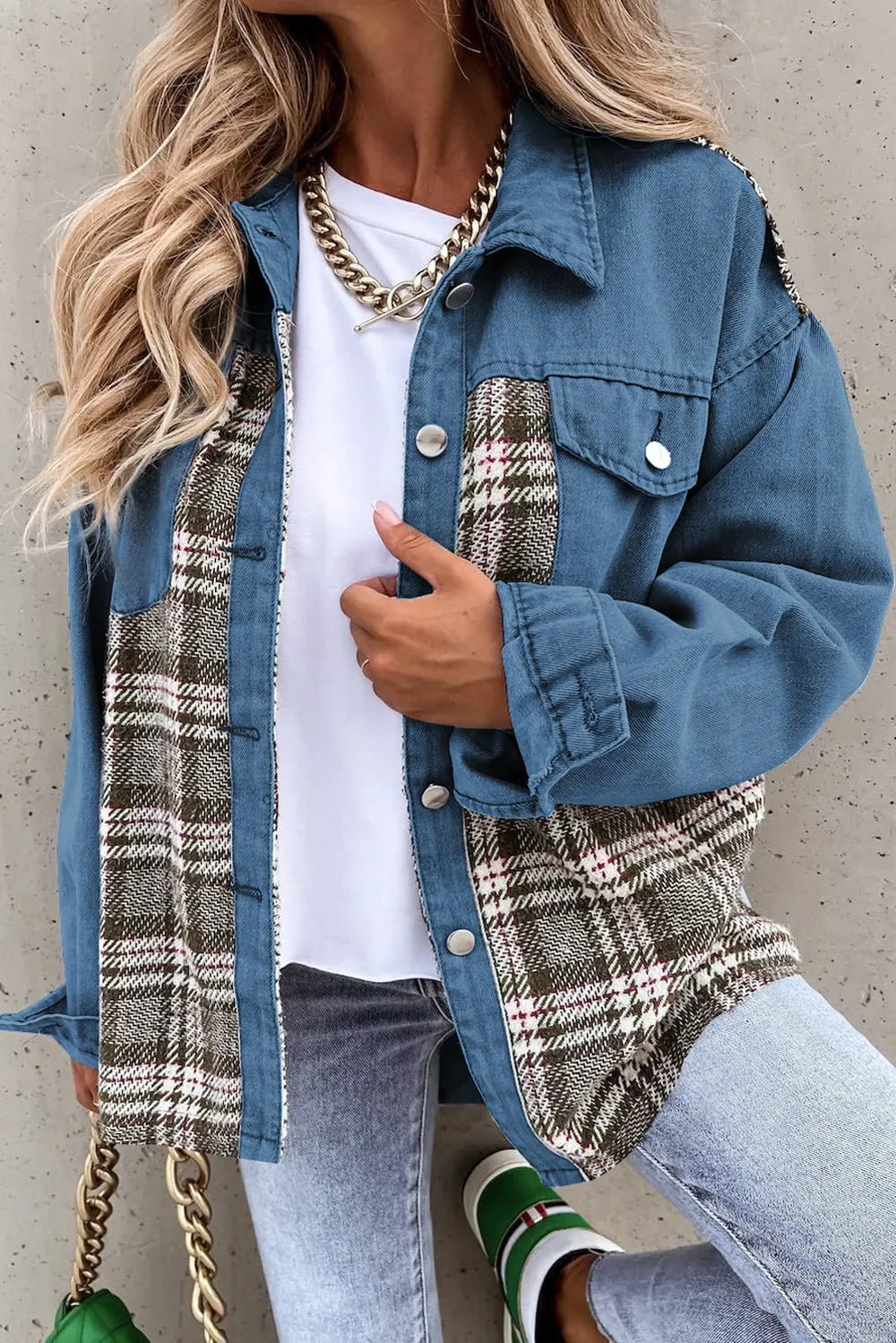 Plaid Pocketed Button Up Denim Jacket - Lilixa.store