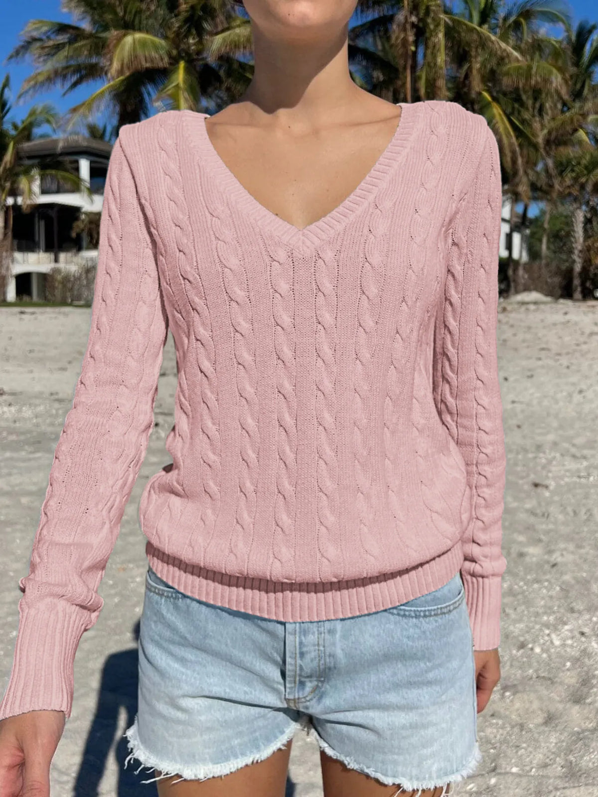 Cable Knit V-Neck Sweater - Lilixa.store