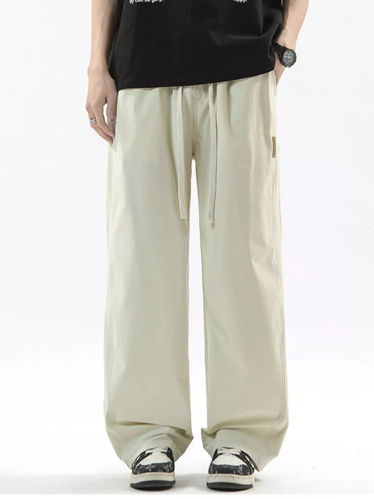 Men's Full Size Loose Fit Drawstring Wide Leg Pants Plus Size in Beige