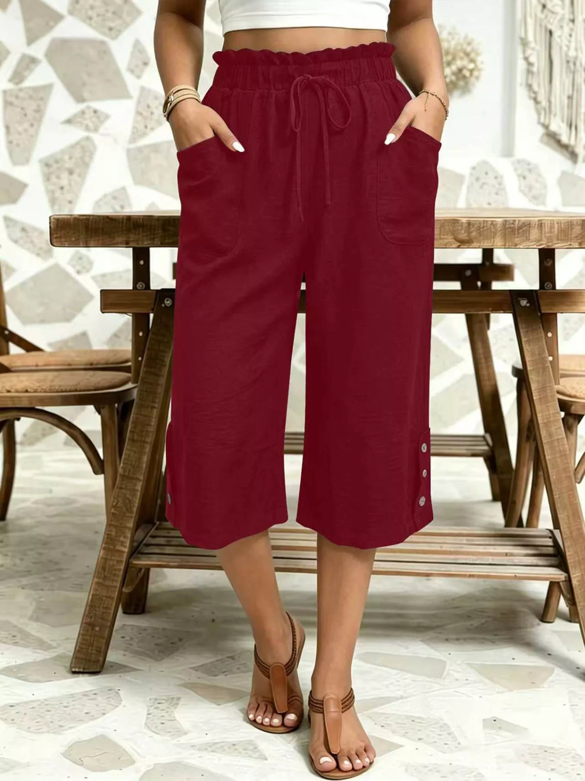 High-Waisted Drawstring Capris in Burgundy