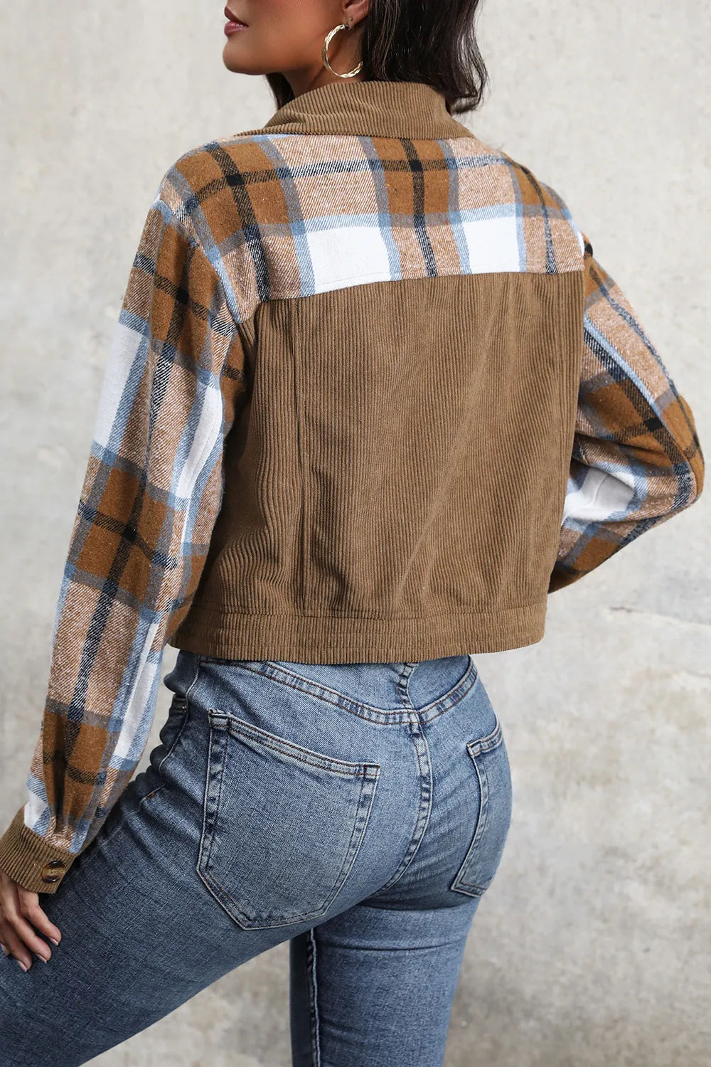 Perfee Plaid Button Up Collared Neck Jacket in Brown, view 2