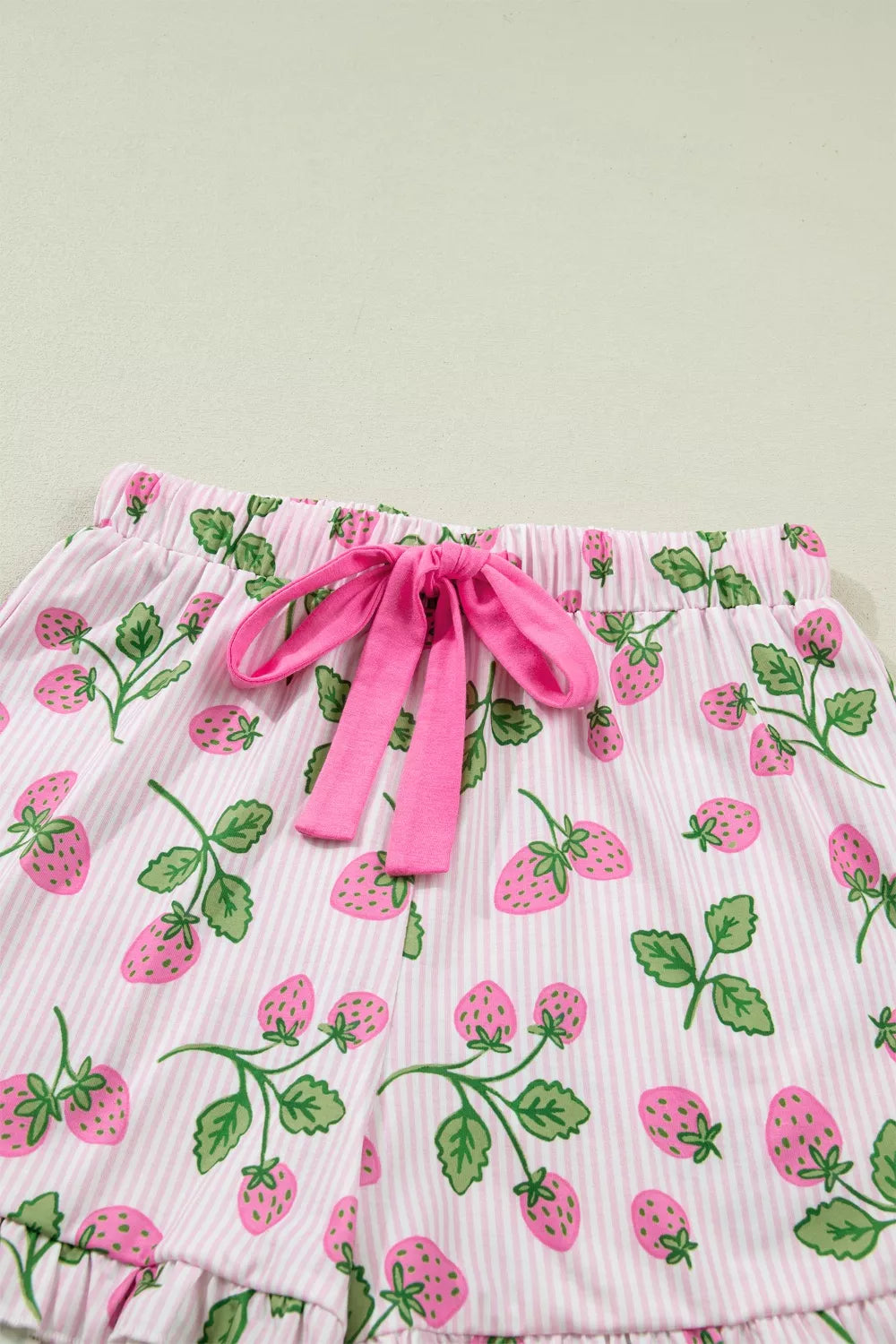 Striped Strawberry Print Lapel Shirt Drawstring Shorts 2pcs Pajama Set - Lilixa.store