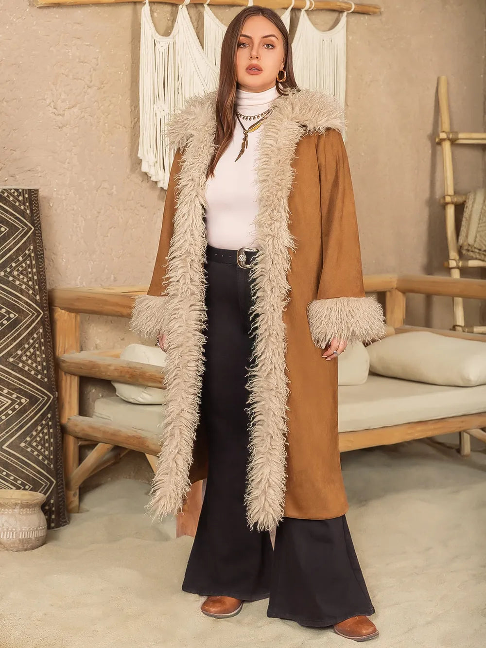 Plus Size Furry Trim Open Front Long Sleeve Coat in Caramel, view 4