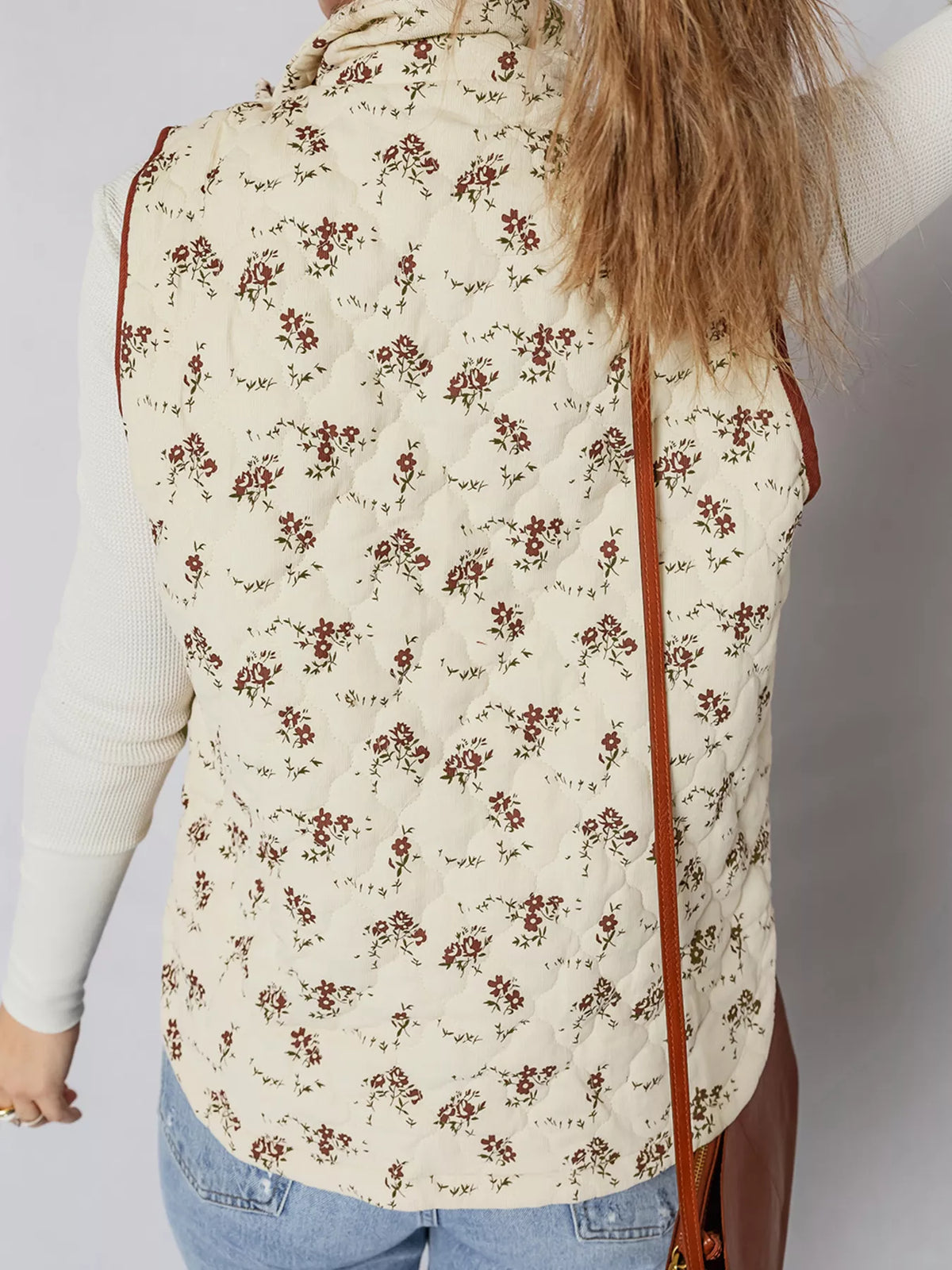 Floral Print Zip Up Quilted Vest in Beige, view 2