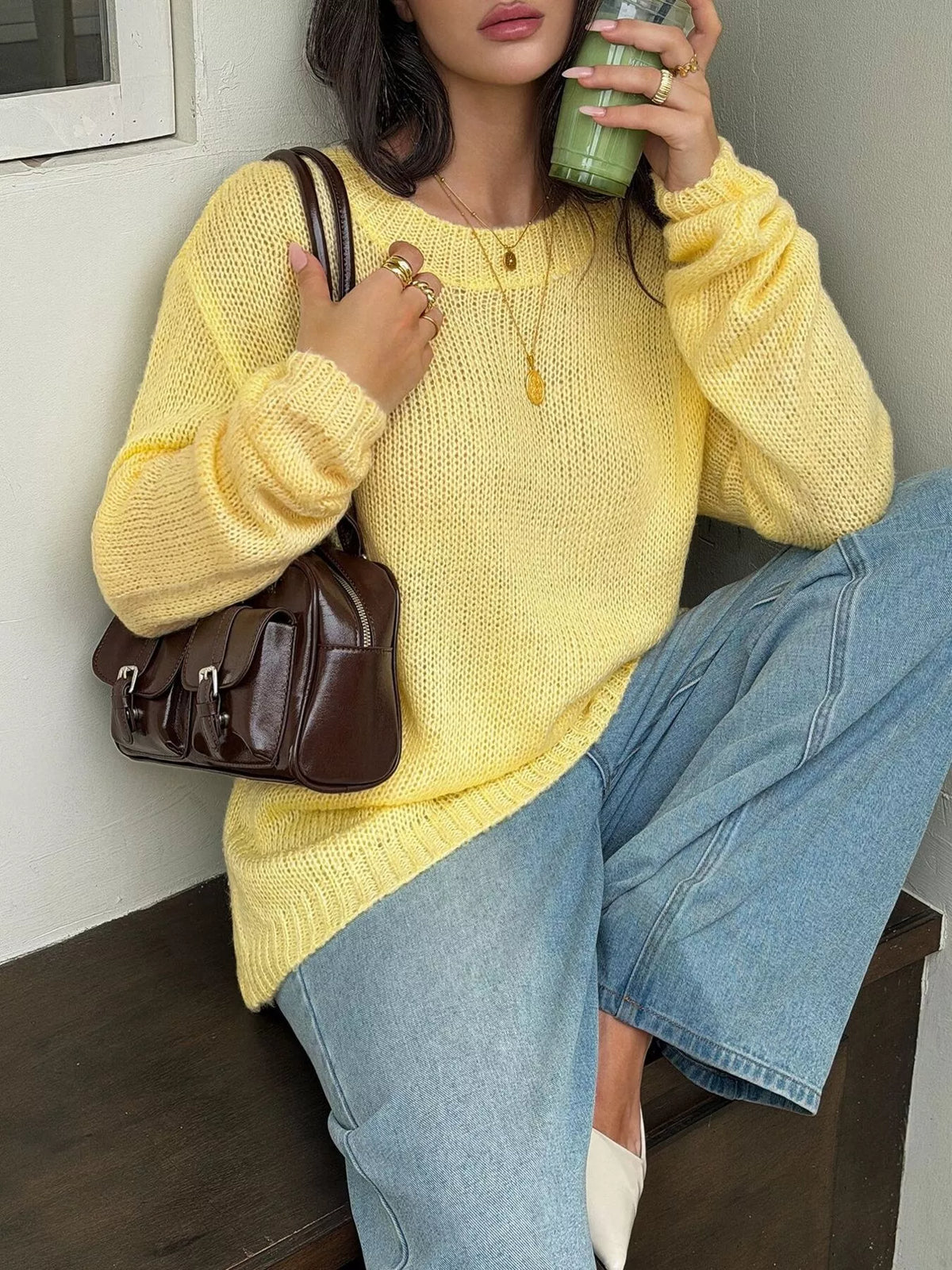 Crew Neck Dropped Shoulder Sweater - Lilixa.store