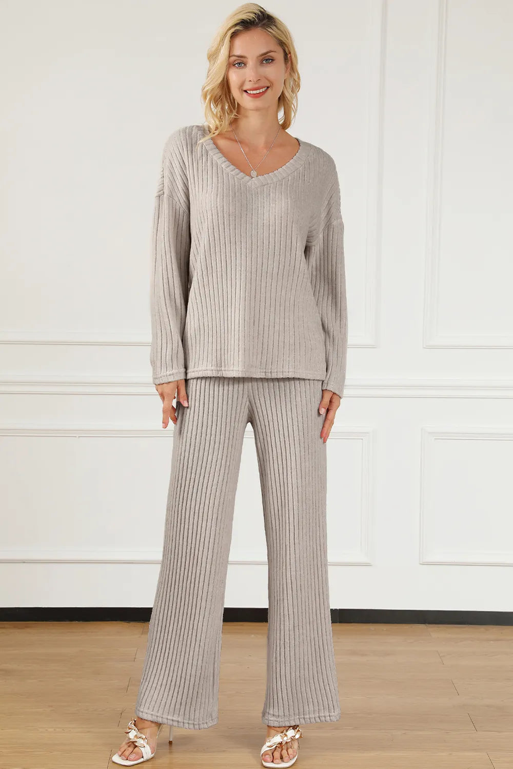 Ribbed V-Neck Top and Pants Lounge Set - Lilixa.store