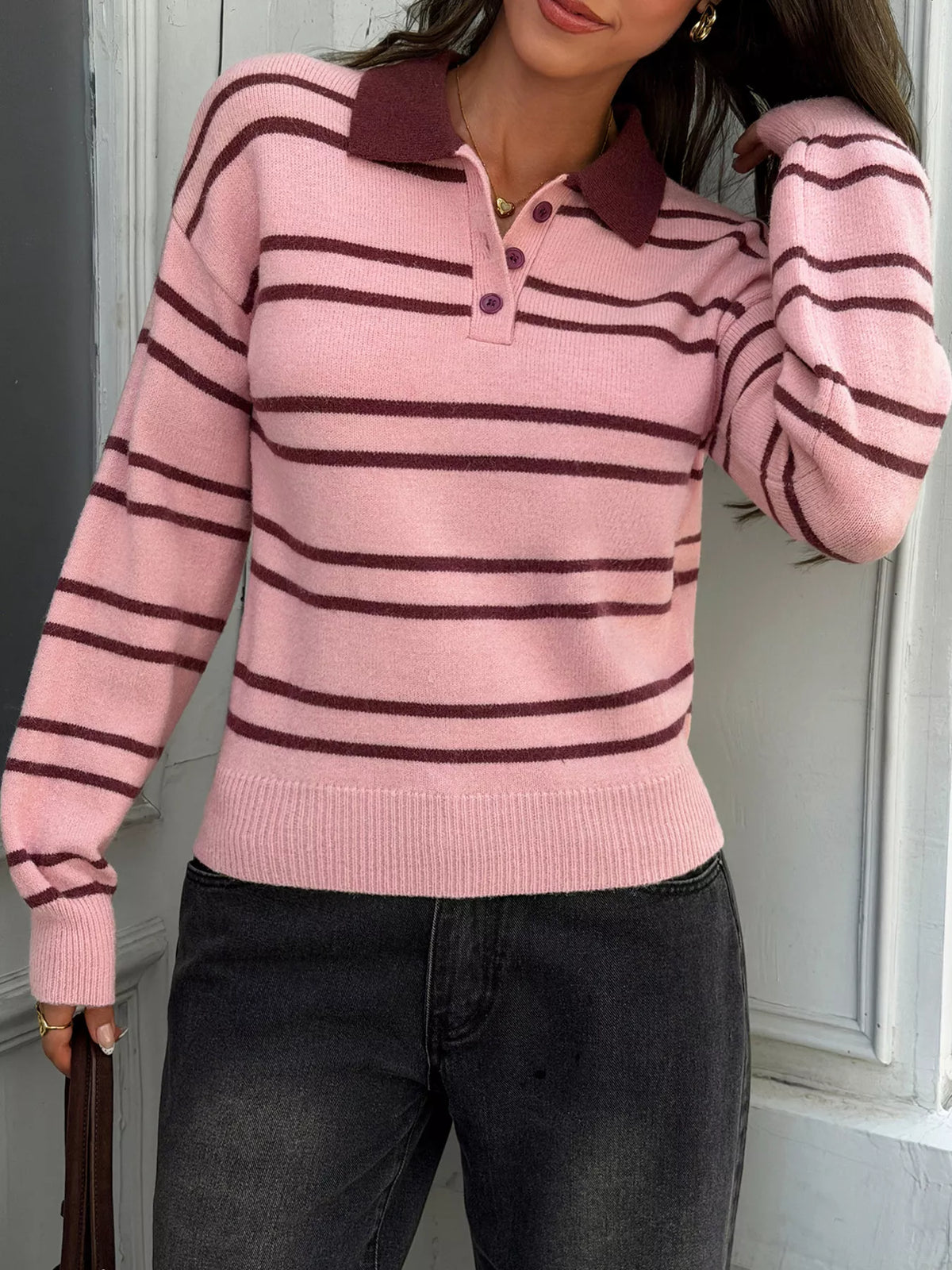 Striped Polo Collar Dropped Shoulder Sweater