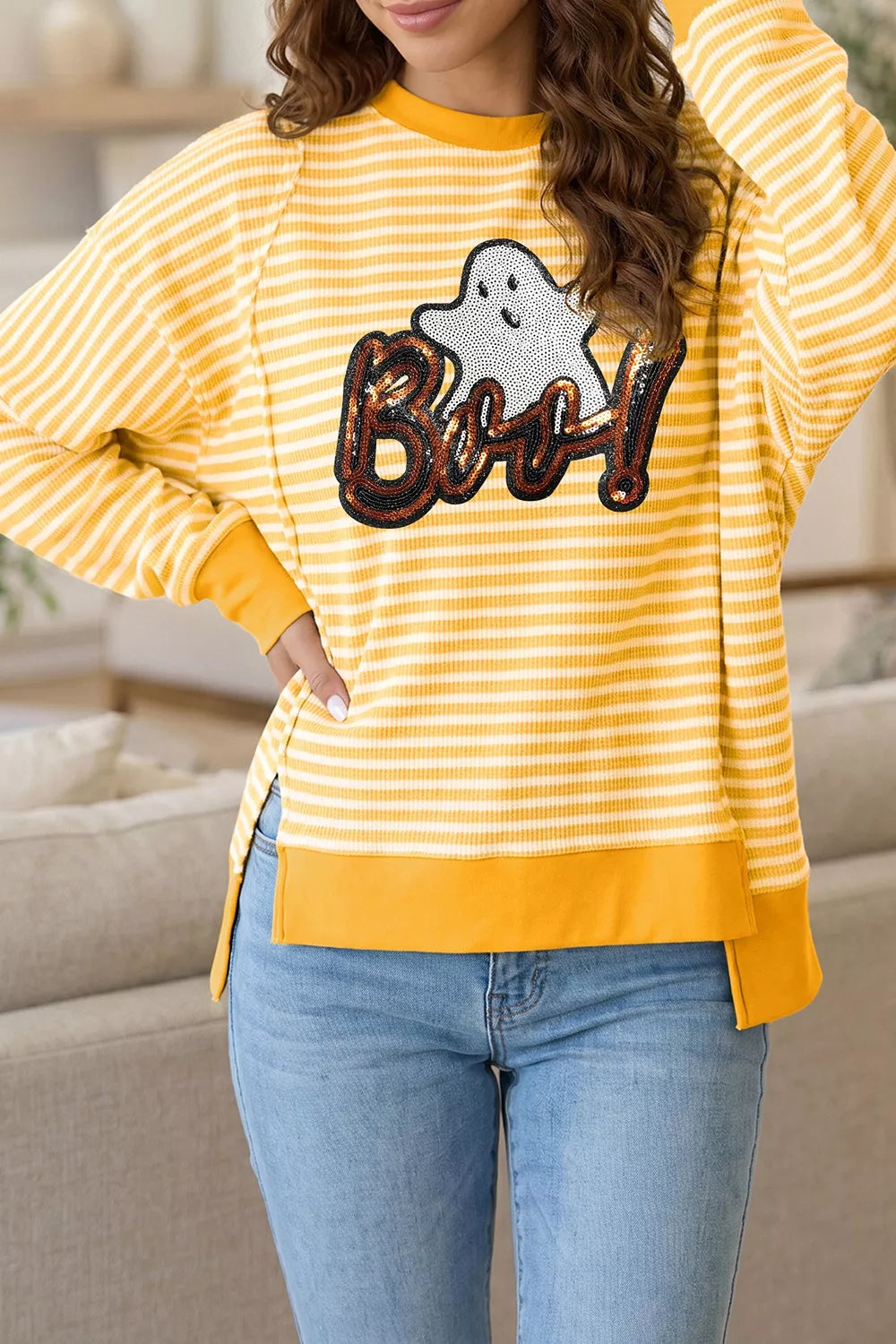 Stripe Boo Sequin Ghost Halloween Split Hem Long Sleeve Top - Lilixa.store