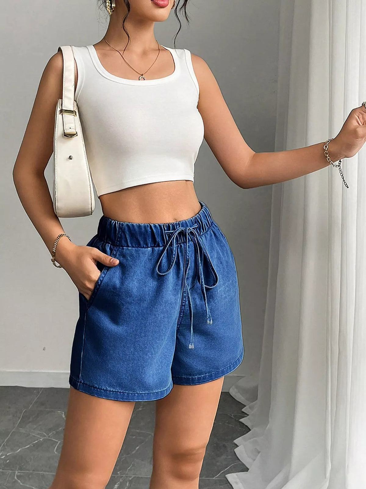 Drawstring High Waist Denim Shorts - Lilixa.store