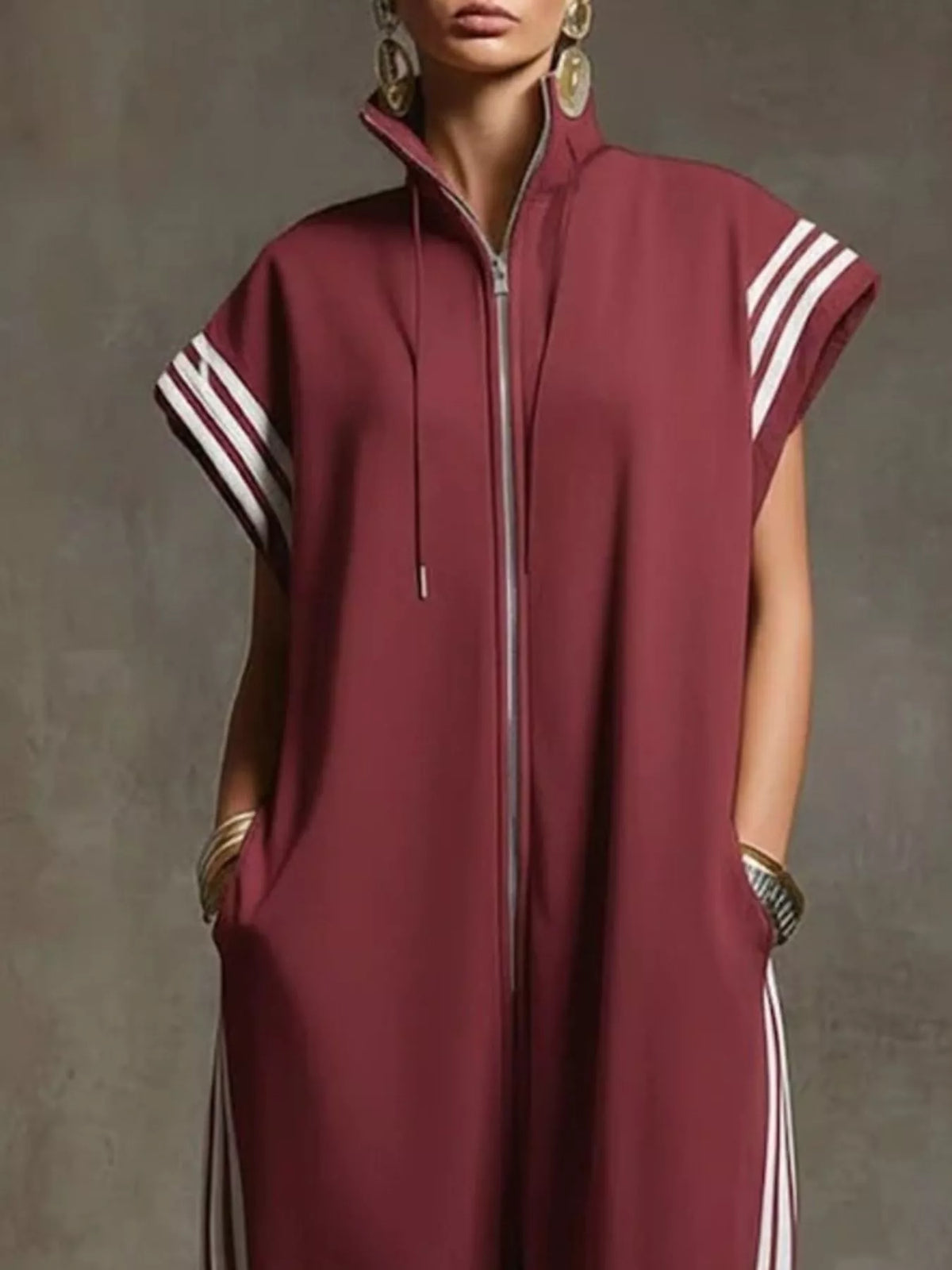 Full Size Side Stripe Zip-Front Wide Leg Jumpsuit Plus Size - Lilixa.store
