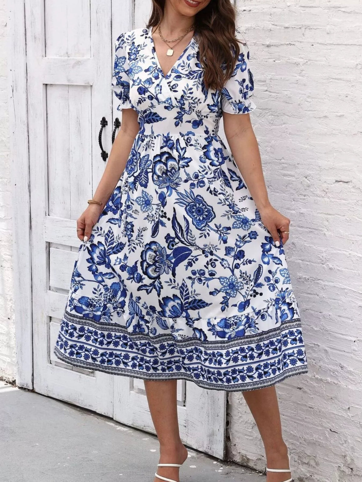 Floral Print Puff Sleeve Wrap Midi Dress
