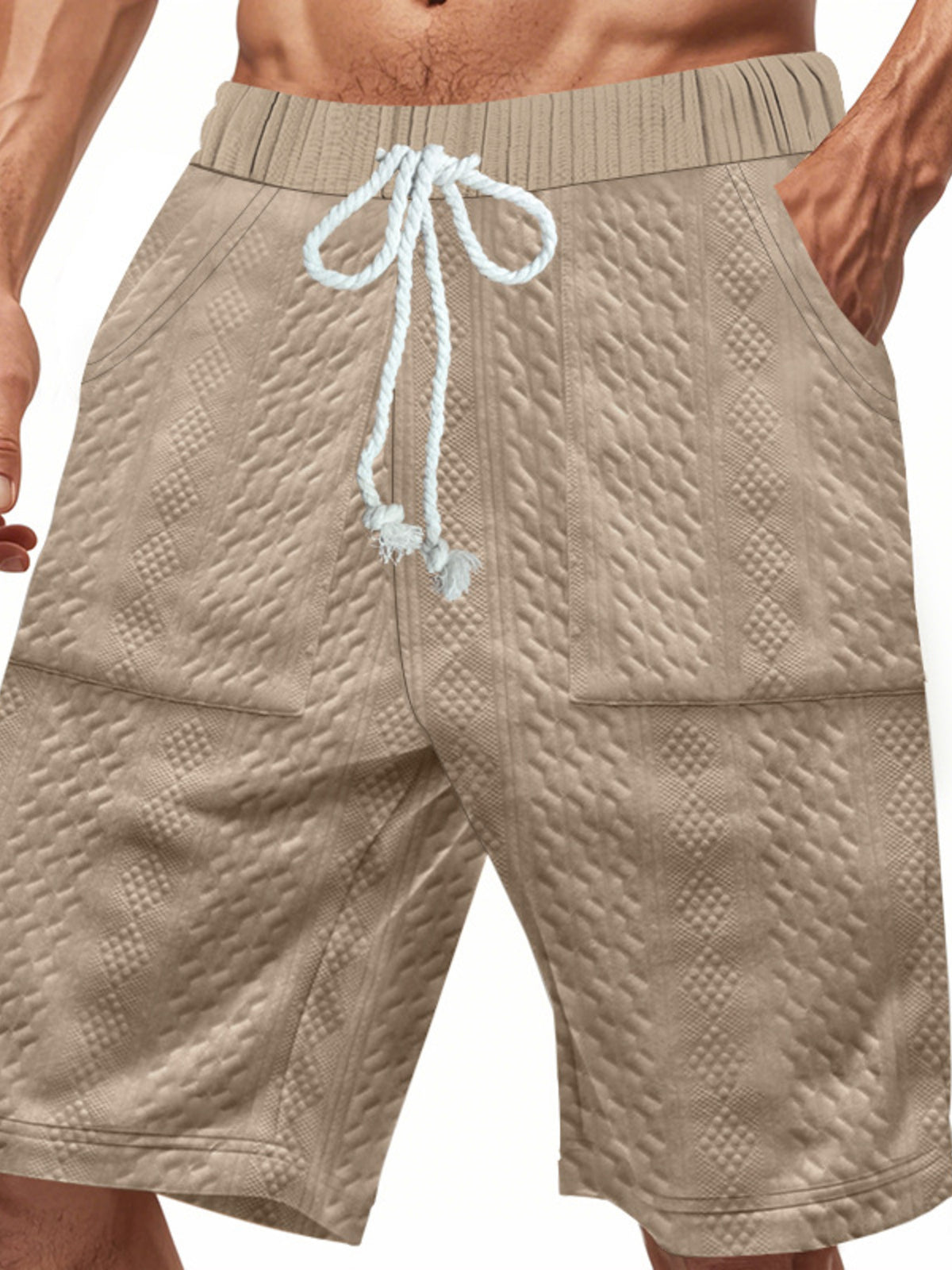 Men's Full Size Texture Drawstring Shorts Plus Size in Khaki