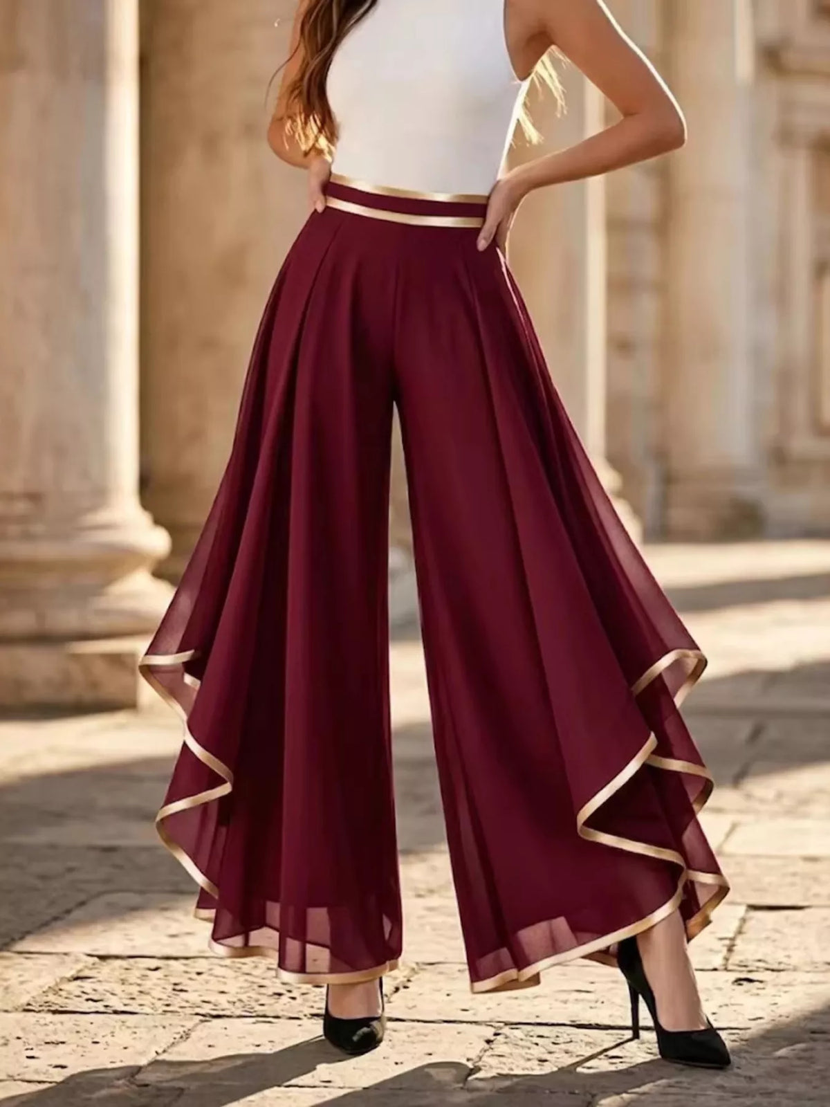Full Size High-Waisted Chiffon Wide-Leg Pants Plus Size
