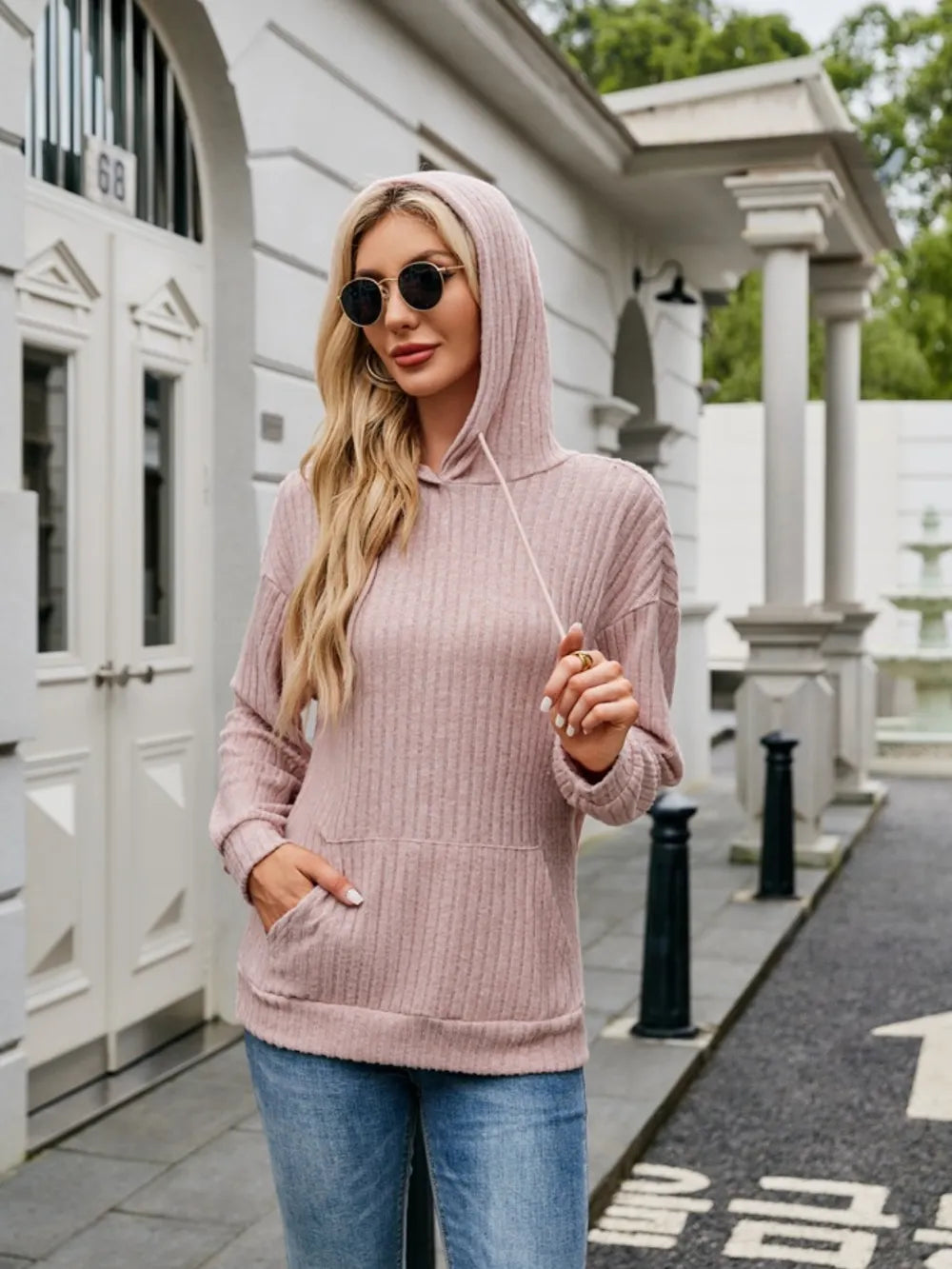 Ribbed Drawstring Long Sleeve Hoodie - Lilixa.store