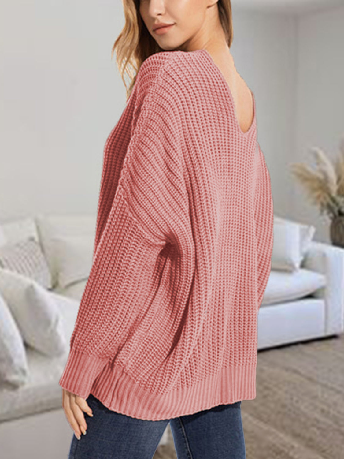 V-Neck Batwing Dropped Shoulder Sweater, view 4