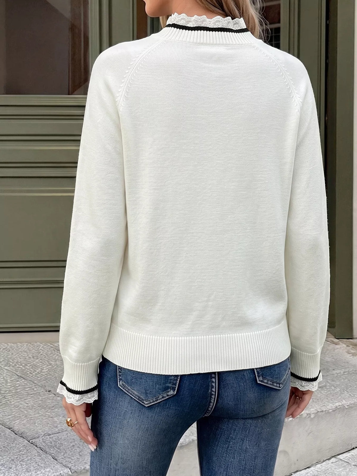 Bow-Embellished Lace Trim Sweater in White, view 7