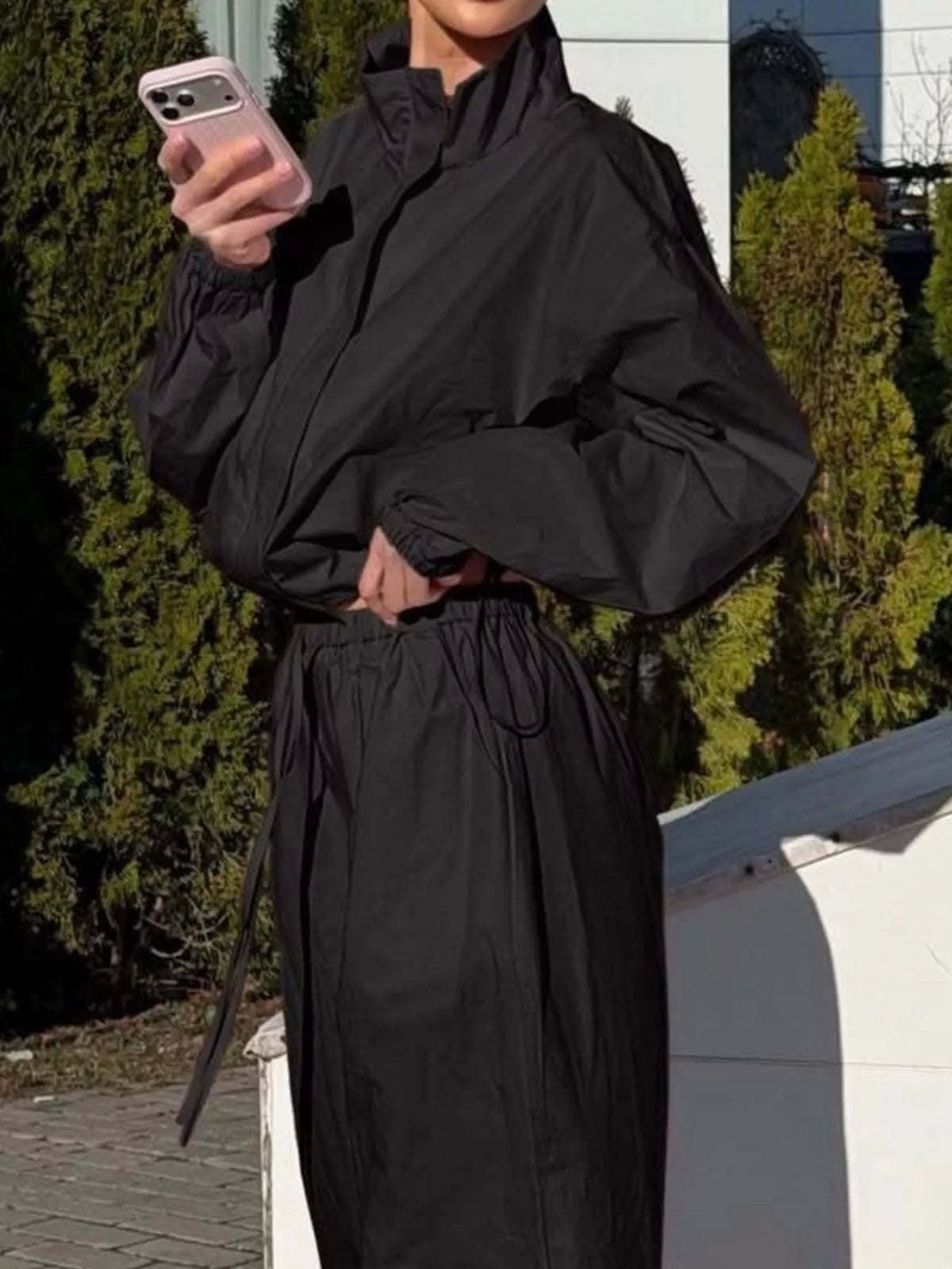 Drawstring Hem Crop Jacket and Wide-Leg Pant Set, view 3