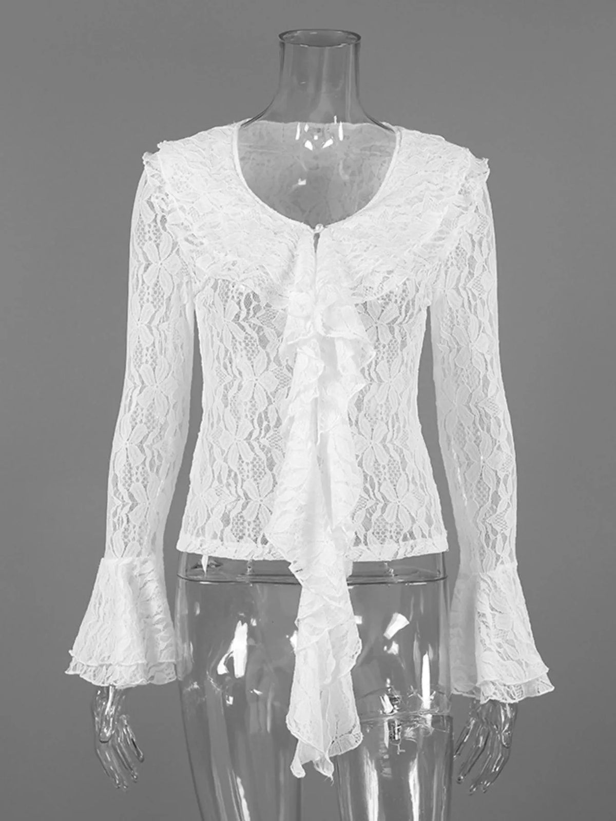 Lace V-Neck Flare Sleeve Blouse in White, view 7