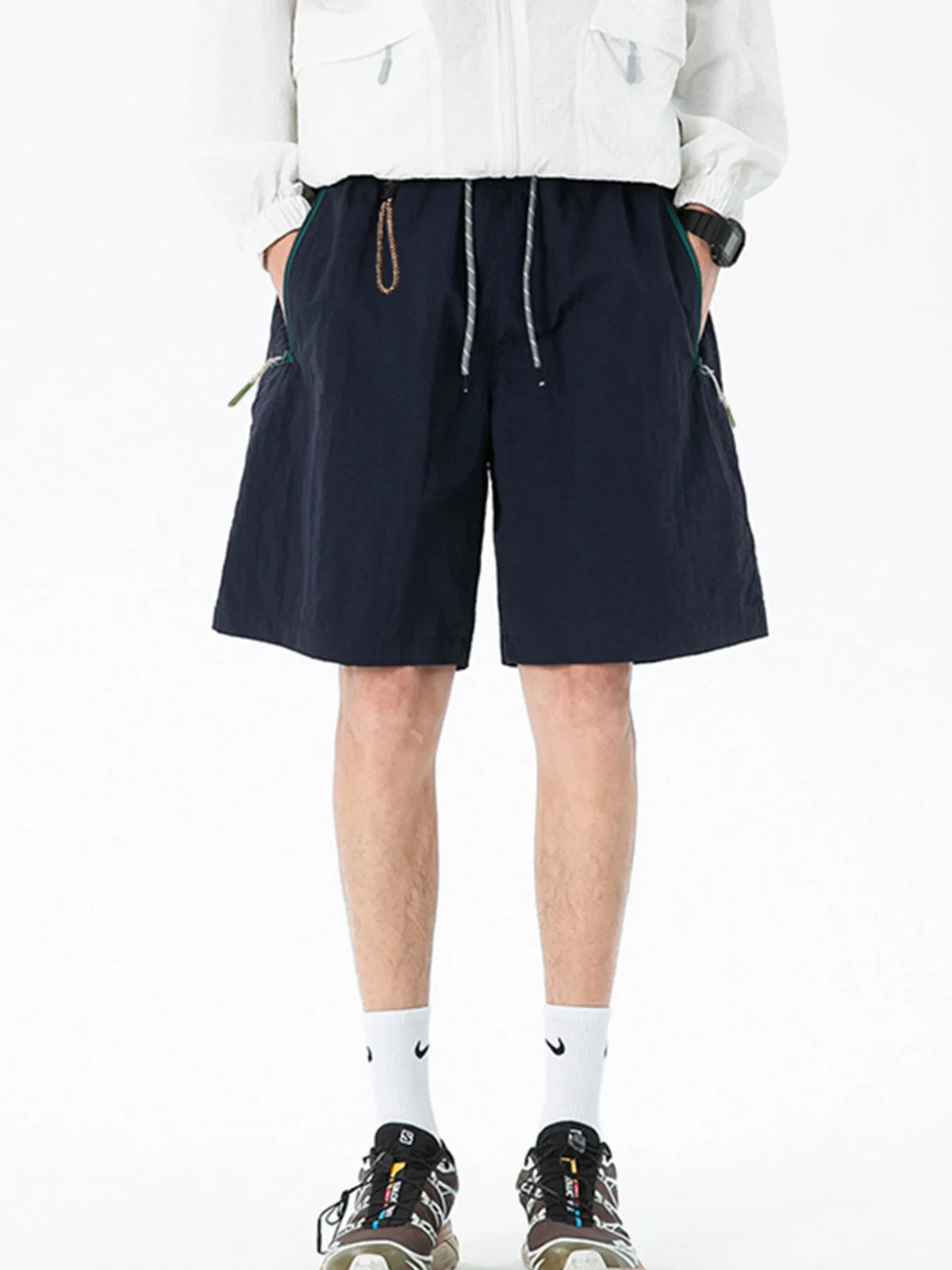 Men's Lightweight Drawstring Shorts with Zipper Pockets in Navy Blue
