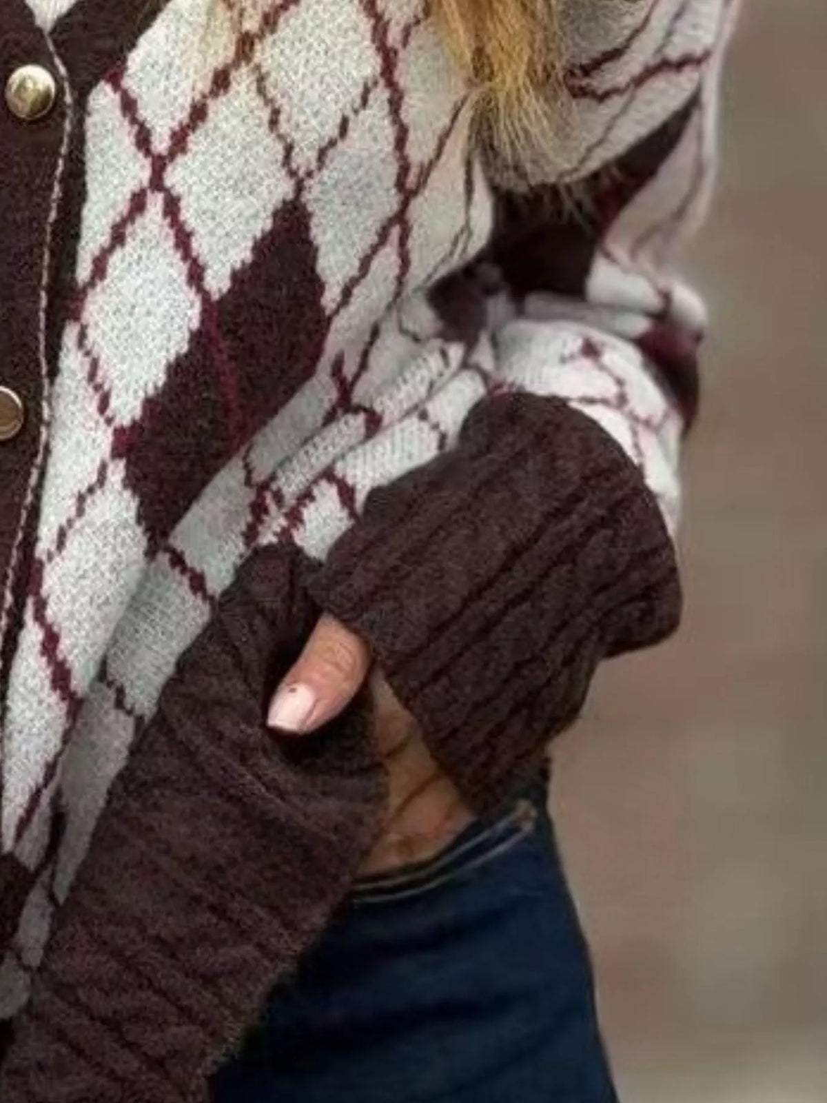 Full Size Argyle Pattern V-Neck Button-Down Knit Cardigan Plus Size - Lilixa.store