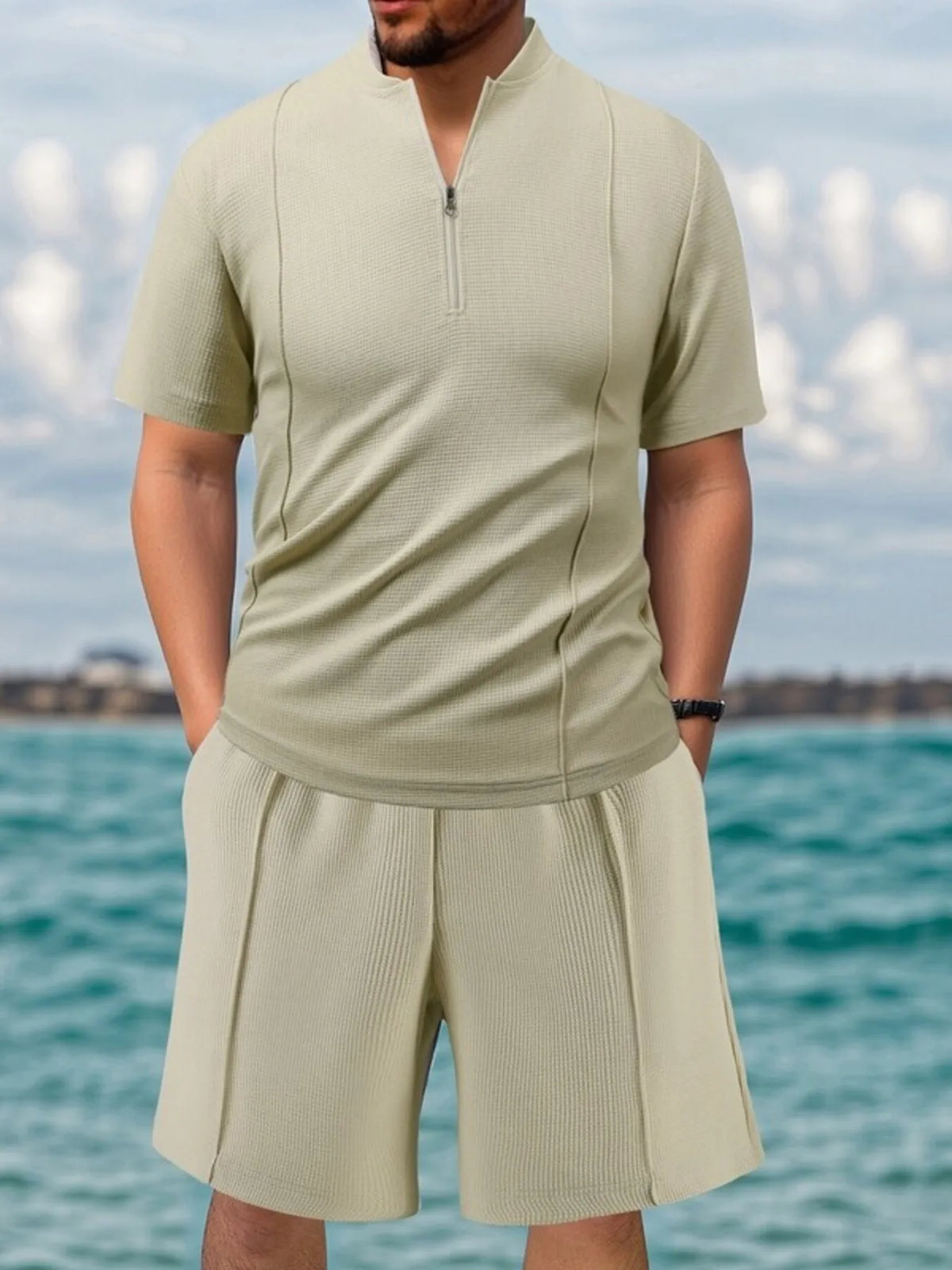 Men's Full Size Zip Front Short Sleeve Top and Shorts Set Plus Size in Apricot