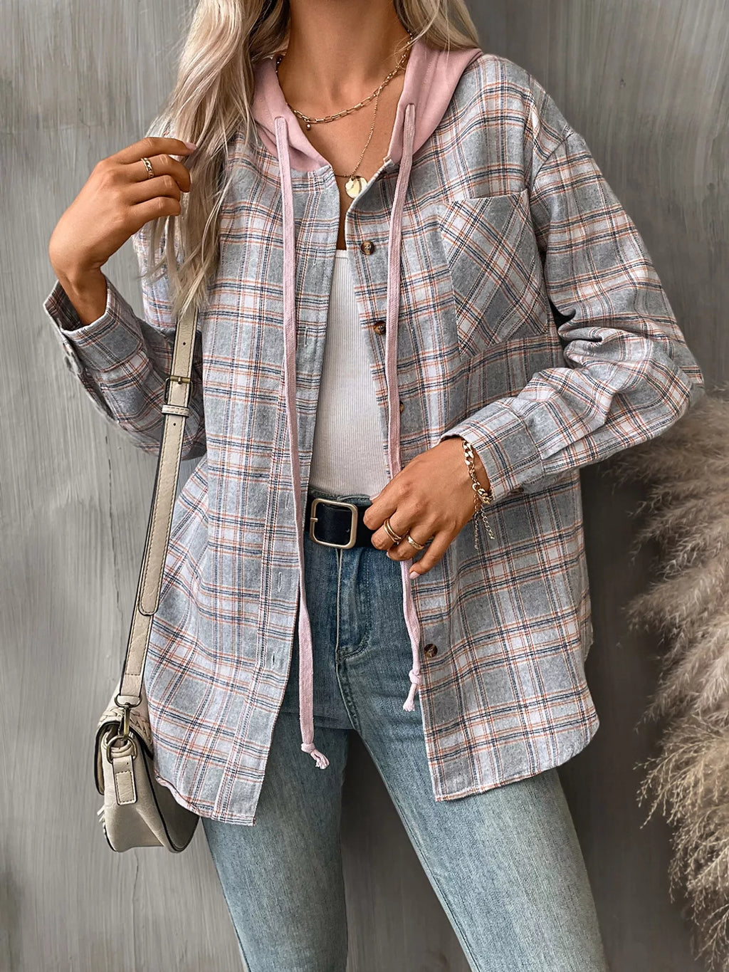 Plaid Button-Up Hooded Shirt with Chest Pocket - Lilixa.store
