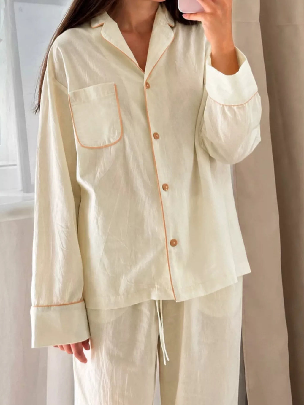 Contrast Trim Button-Down Top and Pants Lounge Set - Lilixa.store