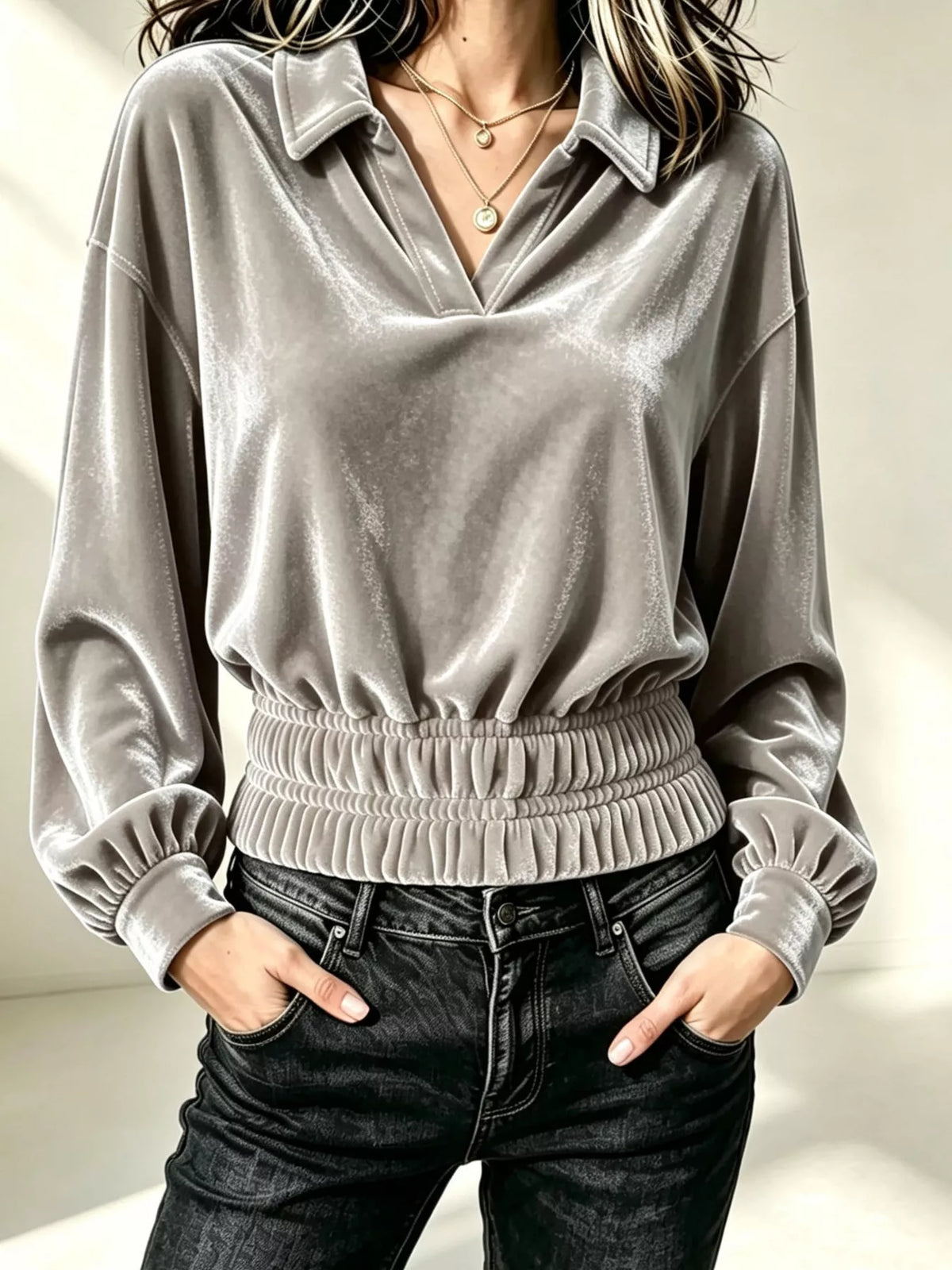 Velvet Johnny Collar Long Sleeve Blouse in Gray