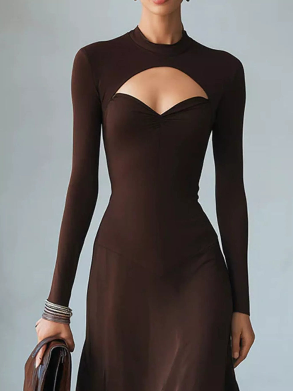 Full Size Mock Neck Cut-Out Long Sleeve Midi Dress Plus Size - Lilixa.store