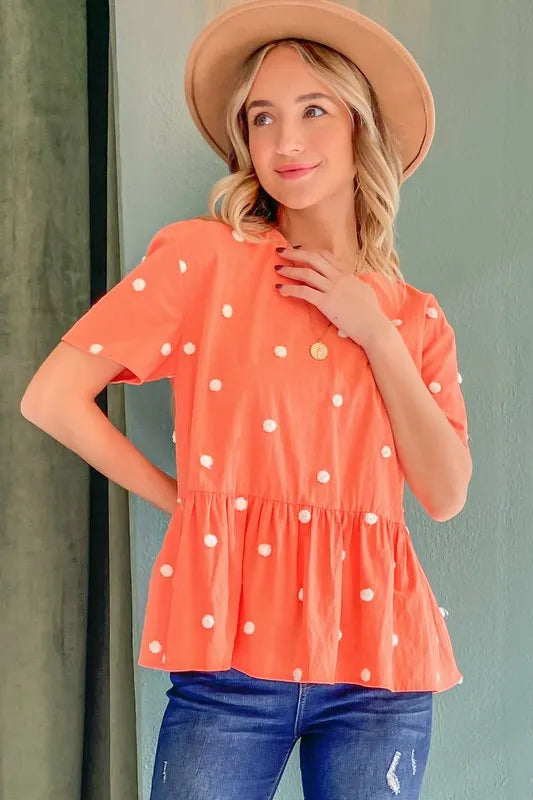 And The Why Pom Pom Polka Dots Short Sleeve Top in Coral, view 4