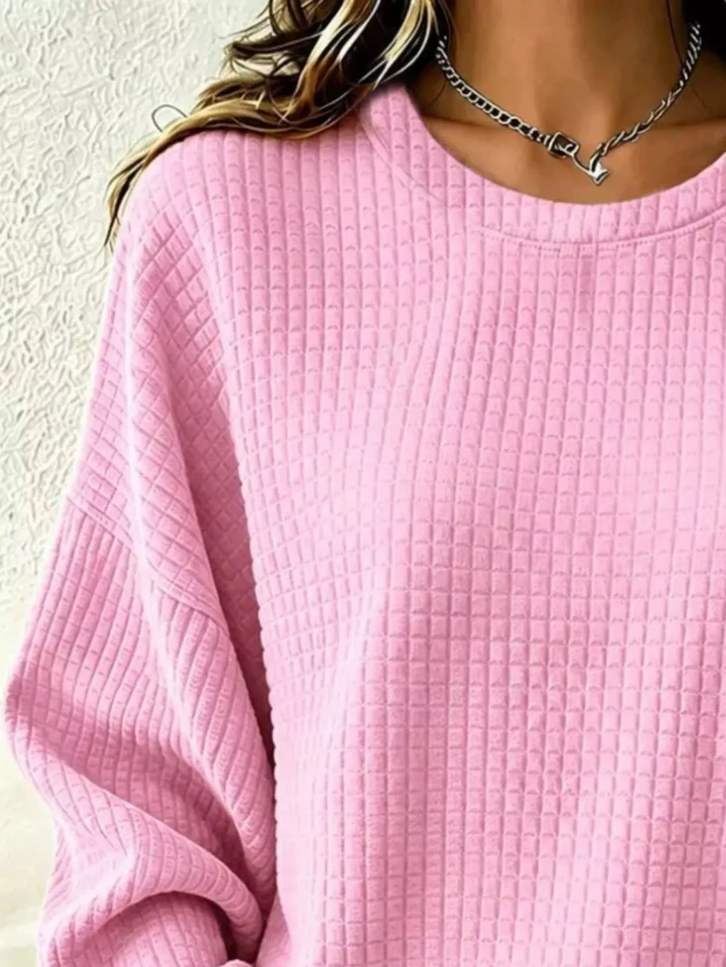 Full Size Waffle Knit Long Sleeve Crew Neck Sweatshirt Plus Size - Lilixa.store