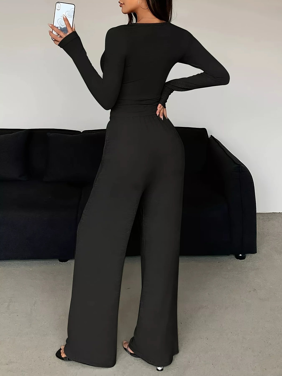 Button Detail Long Sleeve Top and Wide-Leg Pants Set