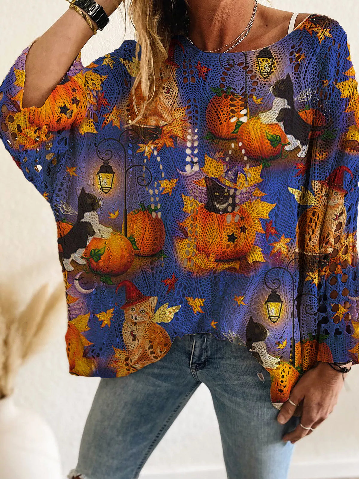 Full Size Halloween Pumpkin Loose Knit Cover Up Plus Size - Lilixa.store
