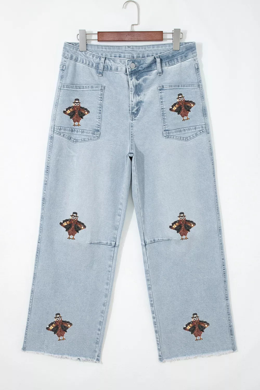 Sequin Turkey Patch Pocket Raw Hem Ankle Length Jeans in Light Blue, view 7