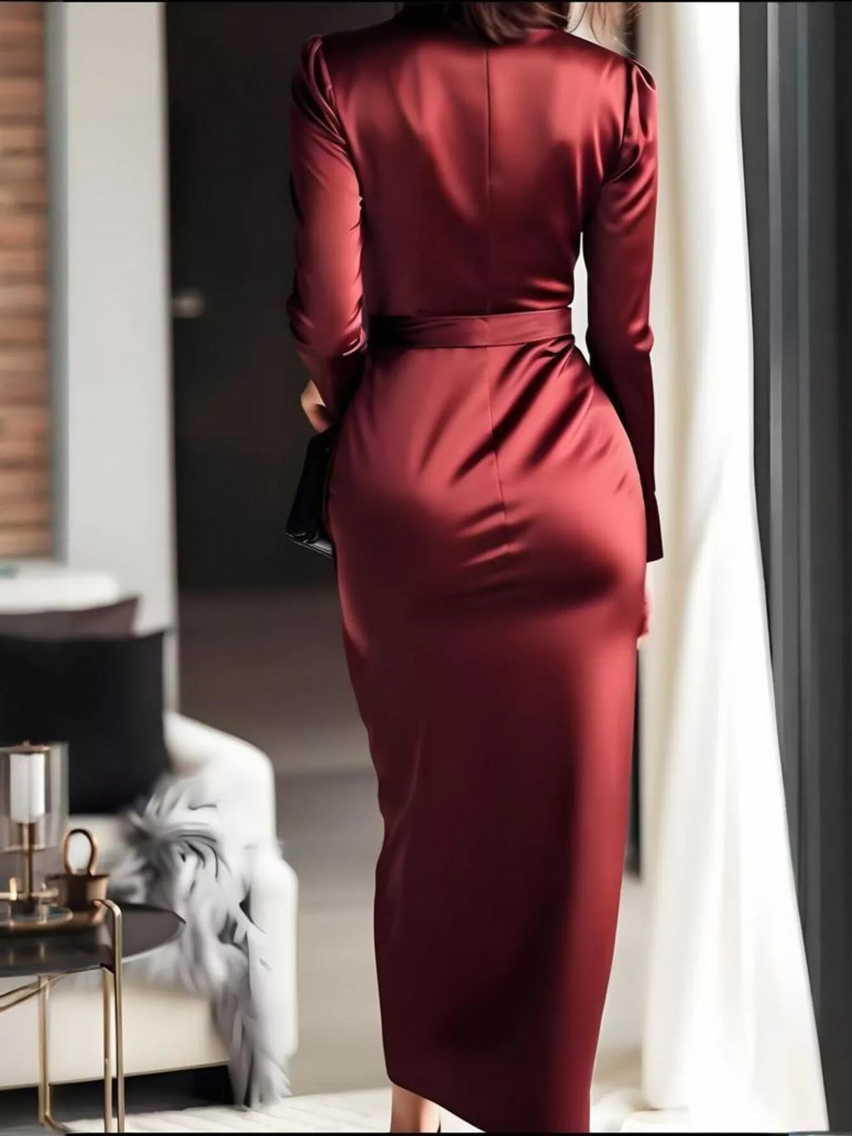 Surplice Satin Long Sleeve Dress - Lilixa.store