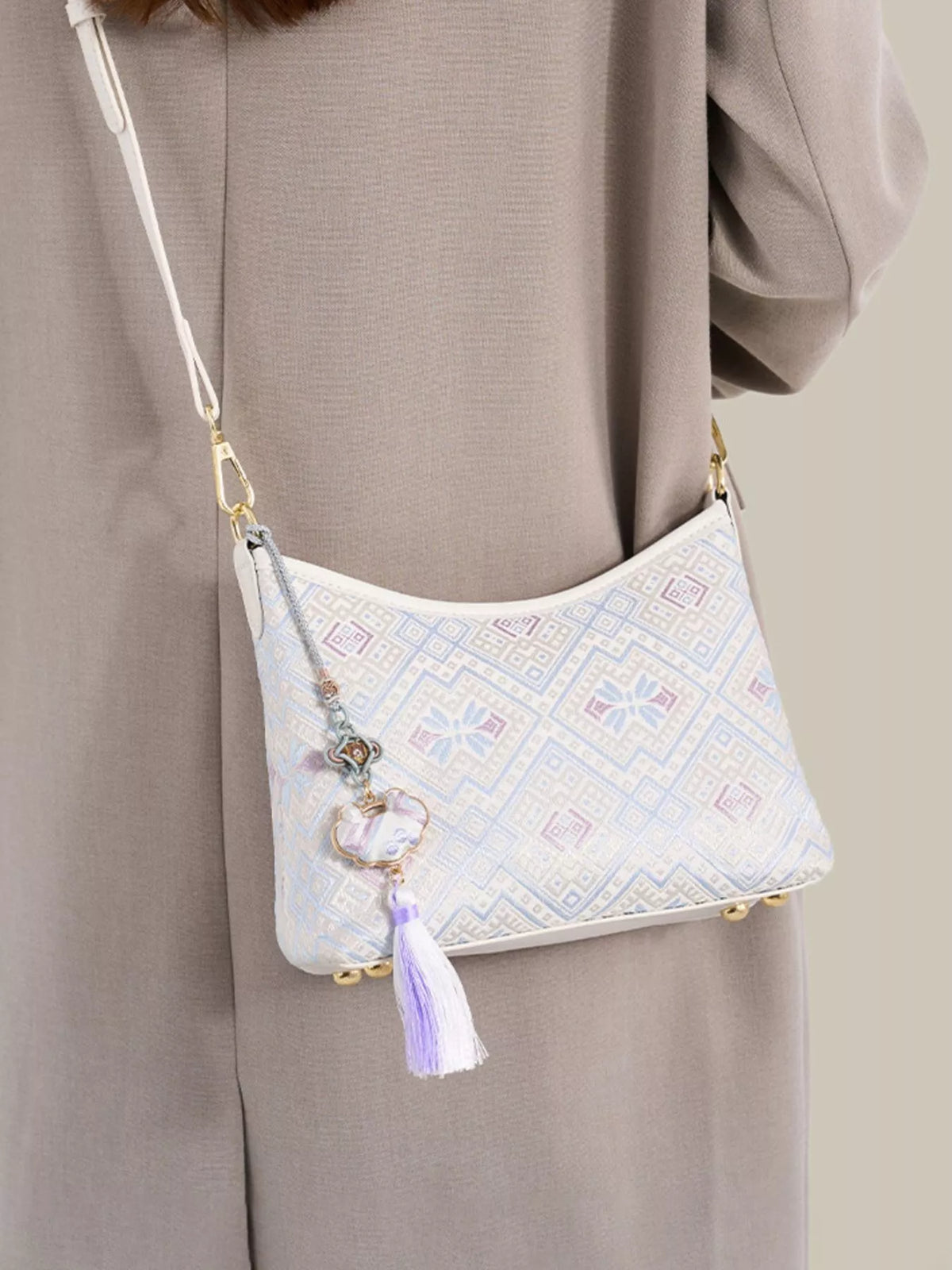 Geometric Pattern Jacquard Crossbody Bag with Tassel Charm in White, view 2