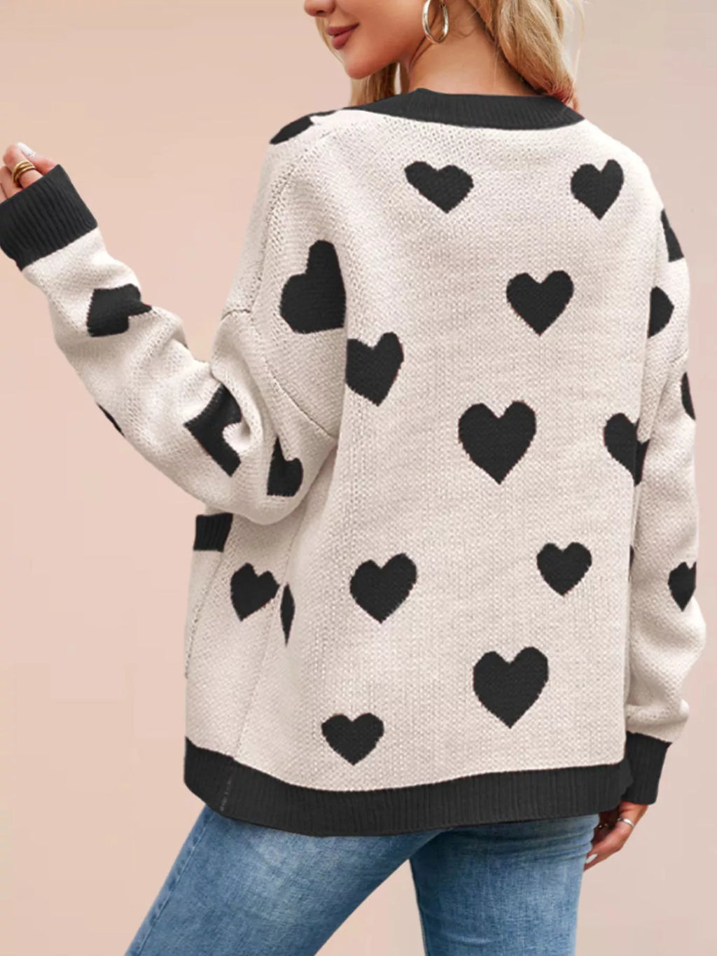 Heart Pattern V-Neck Button-Down Knit Cardigan - Lilixa.store