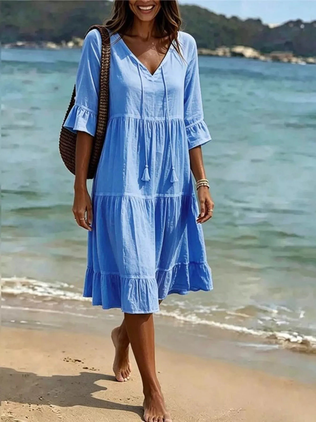 Full Size Tiered Tie Neck Flounce Sleeve Dress Plus Size - Lilixa.store