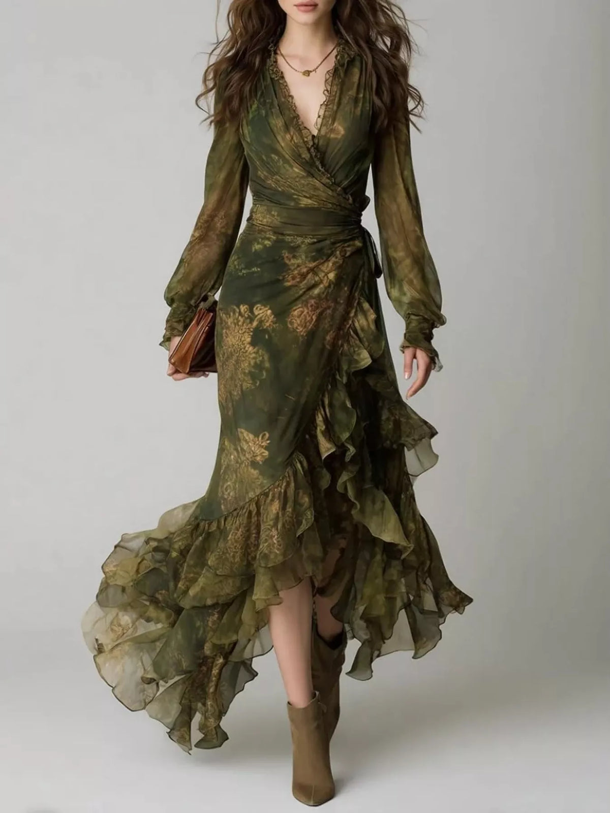 Floral Print Ruffle Hem Wrap Maxi Dress