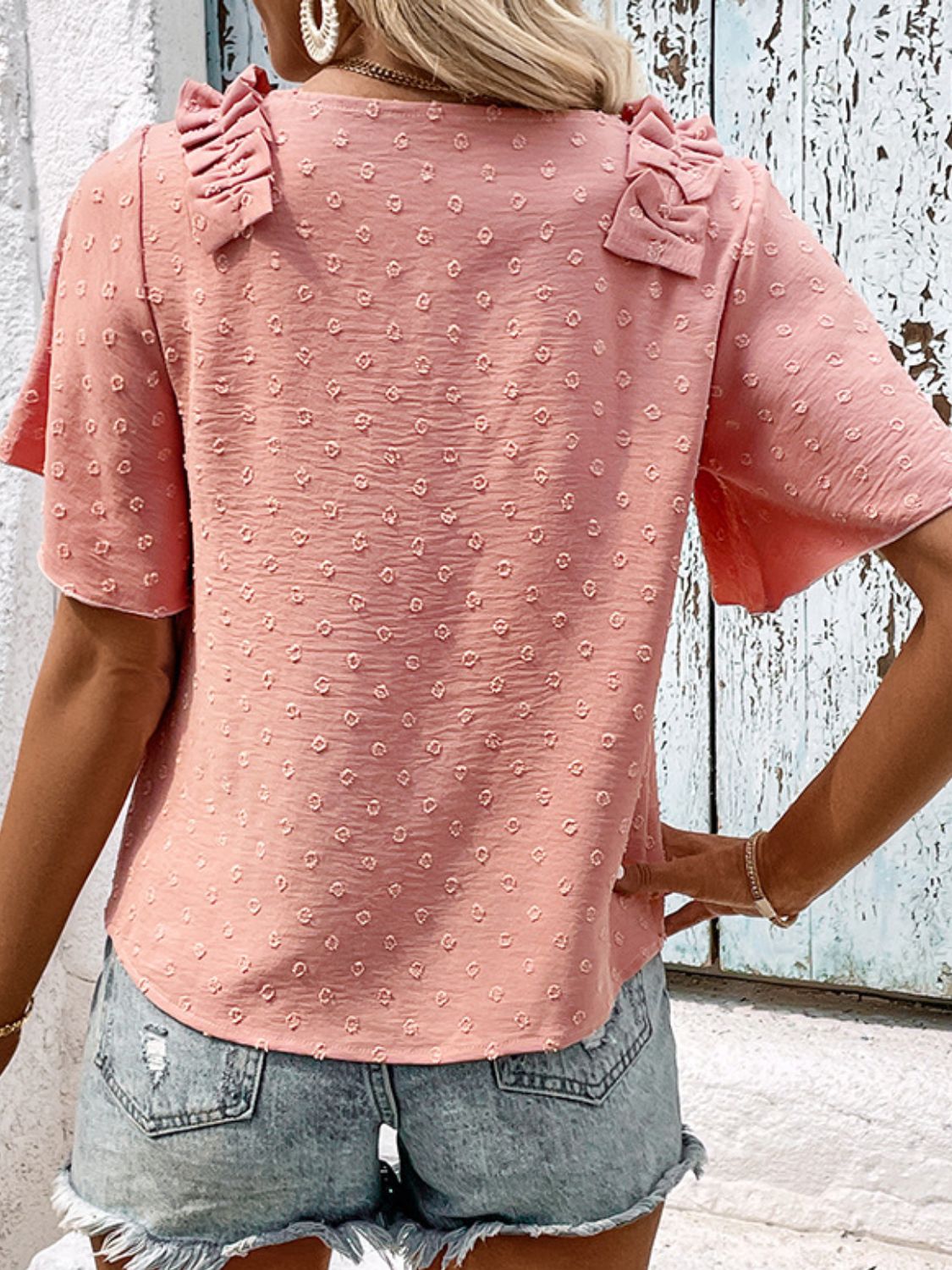 Perfee Swiss Dot Shoulder Detail V-Neck Blouse in Watermelon pink, view 2