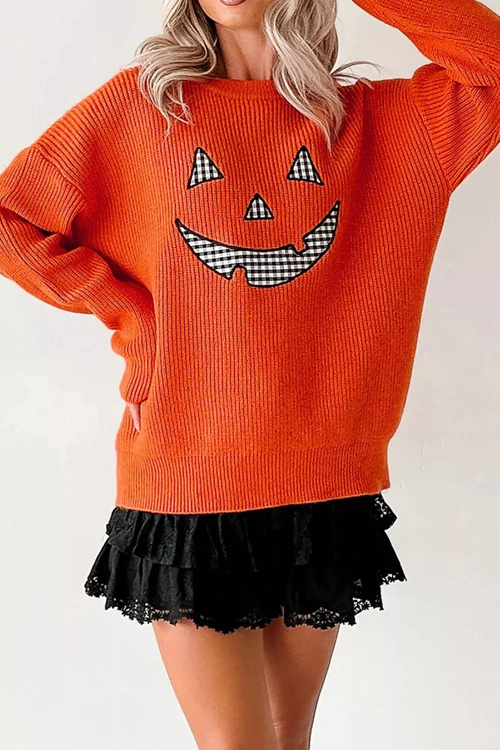 Drop Shoulder Long Sleeve Round Neck Halloween Sweater in Orange, view 10