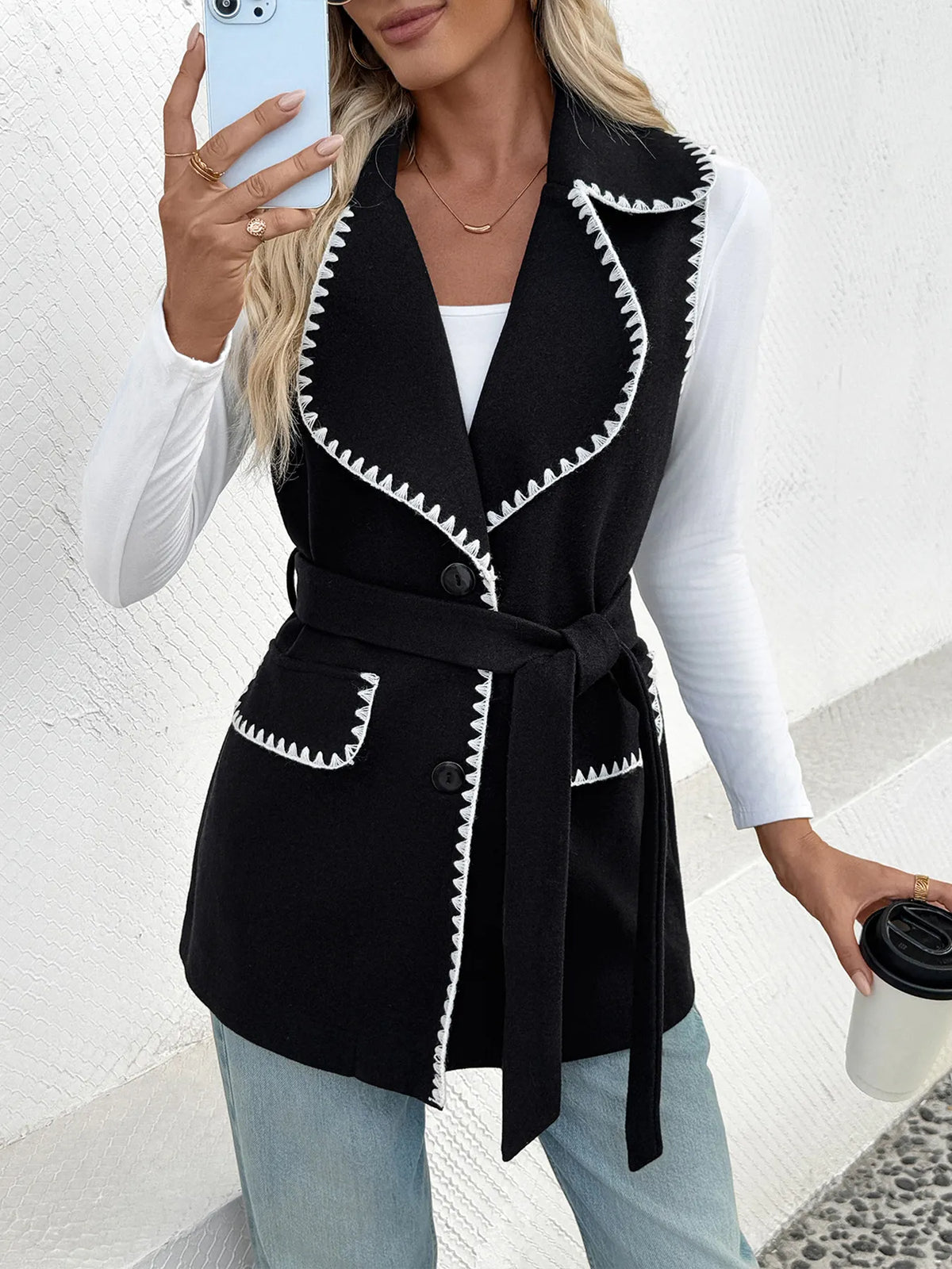 Contrast Trim Collared Neck Vest Coat in Black, view 4
