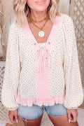 Floral Print Lace-Up Front Blouse with Ruffle Hem - Lilixa.store