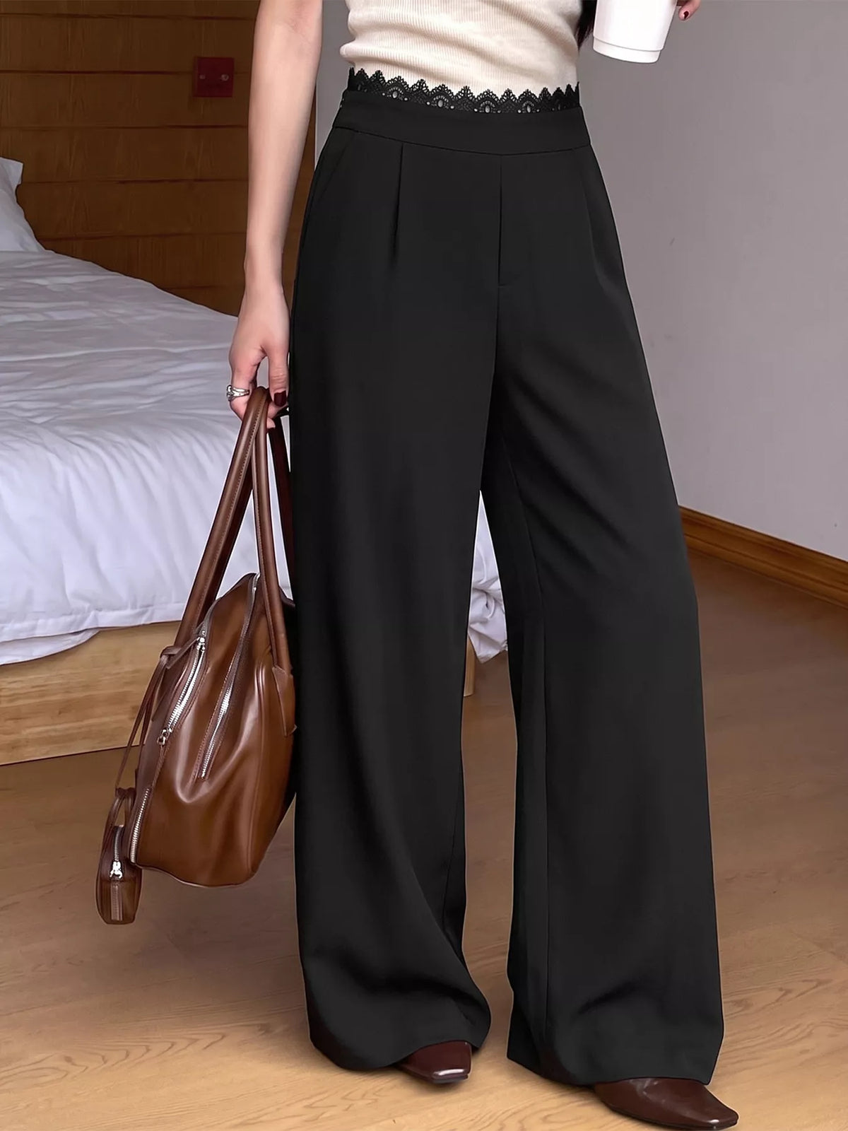 High-Waisted Wide-Leg Lace-Trimmed Pants