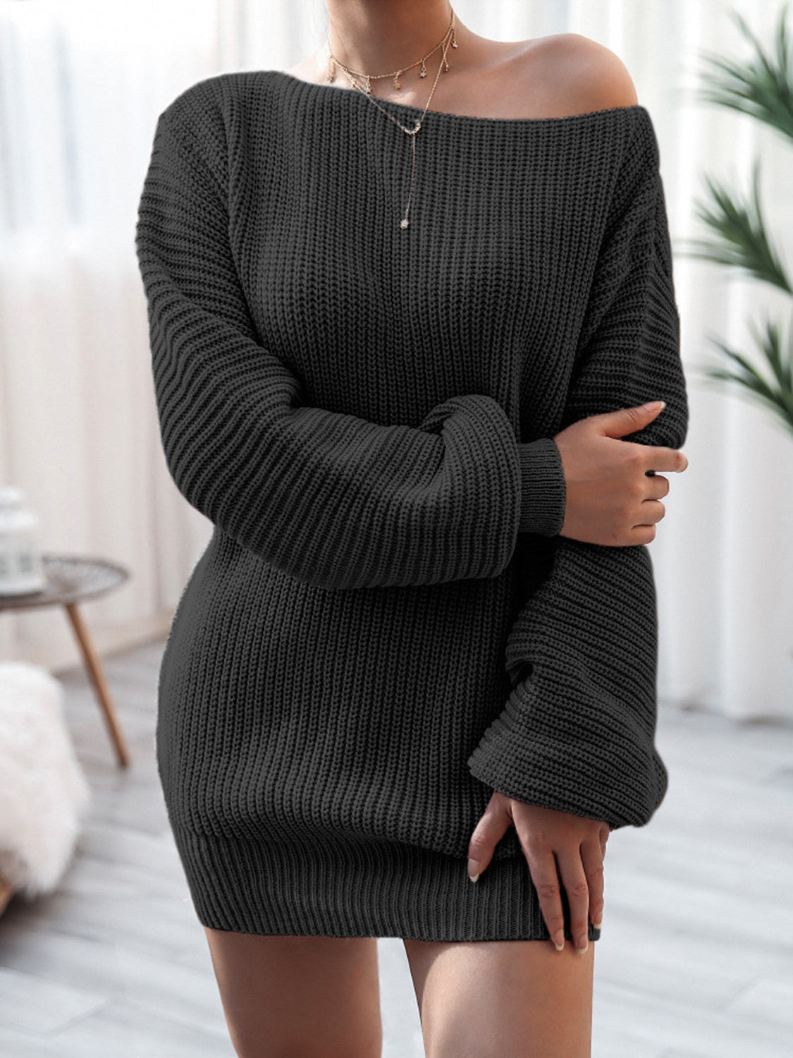 Rib-Knit Mini Sweater Dress in Black